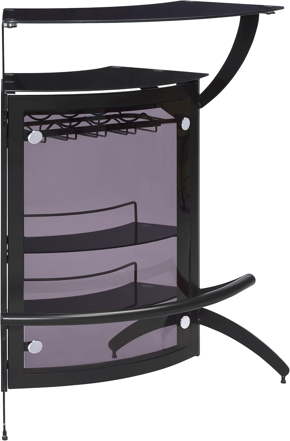 BOWERY HILL Contemporary Bar Unit, 3-Bottle Wine Rack, Smoked Acrylic Panels, Black Metal Frame, Black Tempered Glass Shelves, 41.5" H x 33.5" W x 21" D, Modern Home Bar for Entertaining