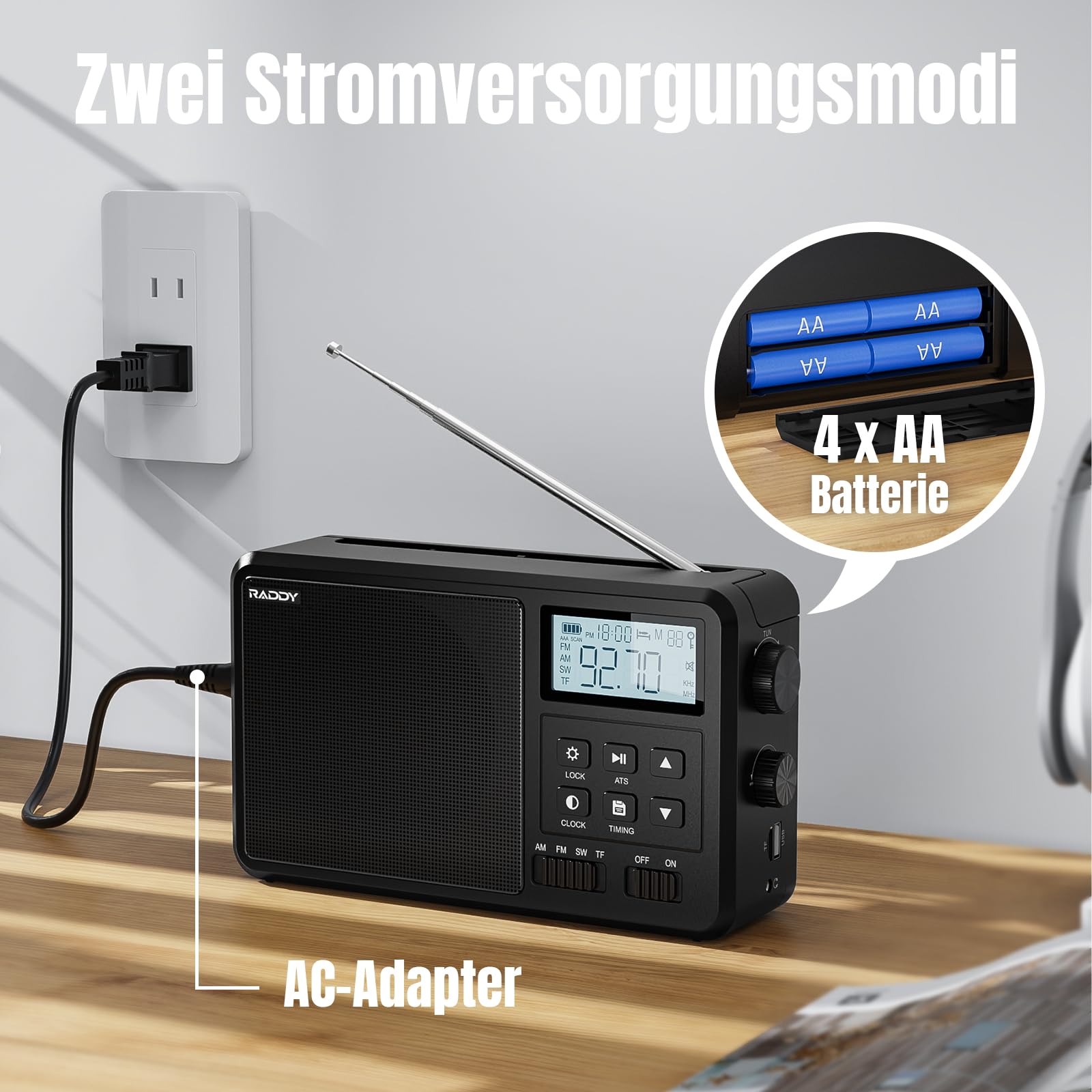 Raddy RF206 Tragbares Kurzwellenradio, Digitalradio, AM/FM-Empfänger, 8W-Lautsprecher, LCD-Display, Unterstützung für BT/TF-Karte/USB-Wiedergabe, AC/AA-Batteriebetriebenes Radio für Zuhause