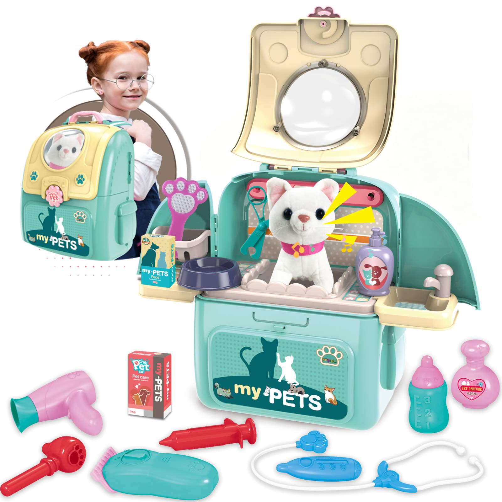 Gifts2U Kot weterynarz zabawki dla dzieci, lekarz zestaw do odgrywania ról edukacja dziewczyna dbać o zwierzę, kot może śpiewać plecak zabawki dla dzieci w wieku 3-4 5 6 lat