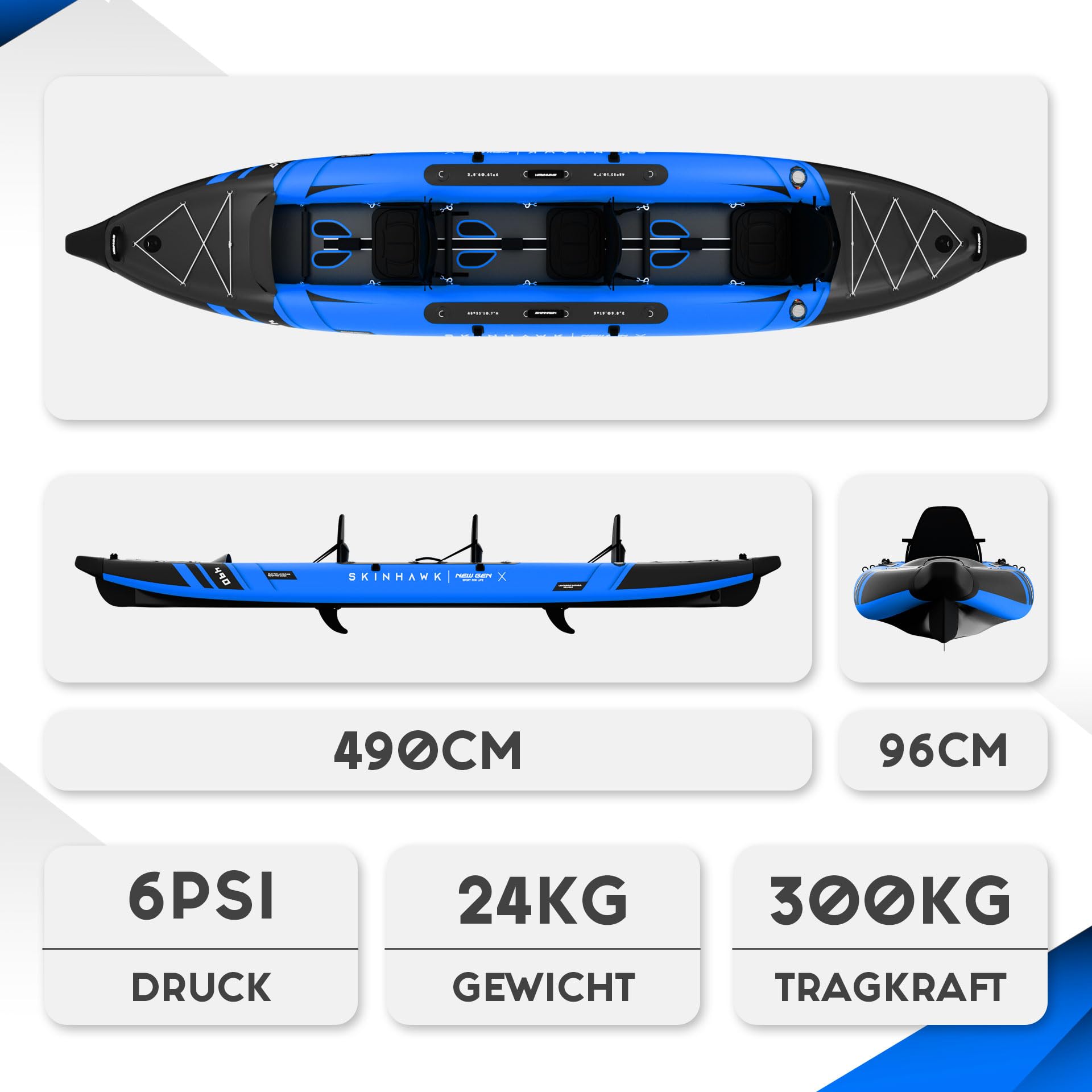 SKINHAWK Prestige Blue Kayak Set 490 – Barco inflable – Canoa – 490 x 96 cm – Kayak para 3 personas