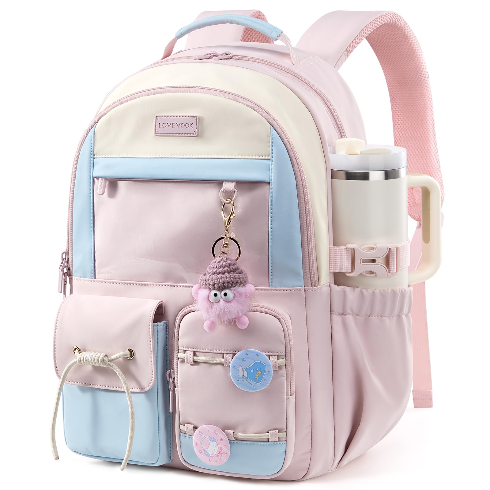 LOVEVOOK School Backpack for Girls Ages 8-16,Cute Student Bookbag for Kids | Back to School Backpack with Cup Holder,DIY Ita Bag Fit 15.6 Inch Laptop for Elementary & Middle School,Clear Display Pocket