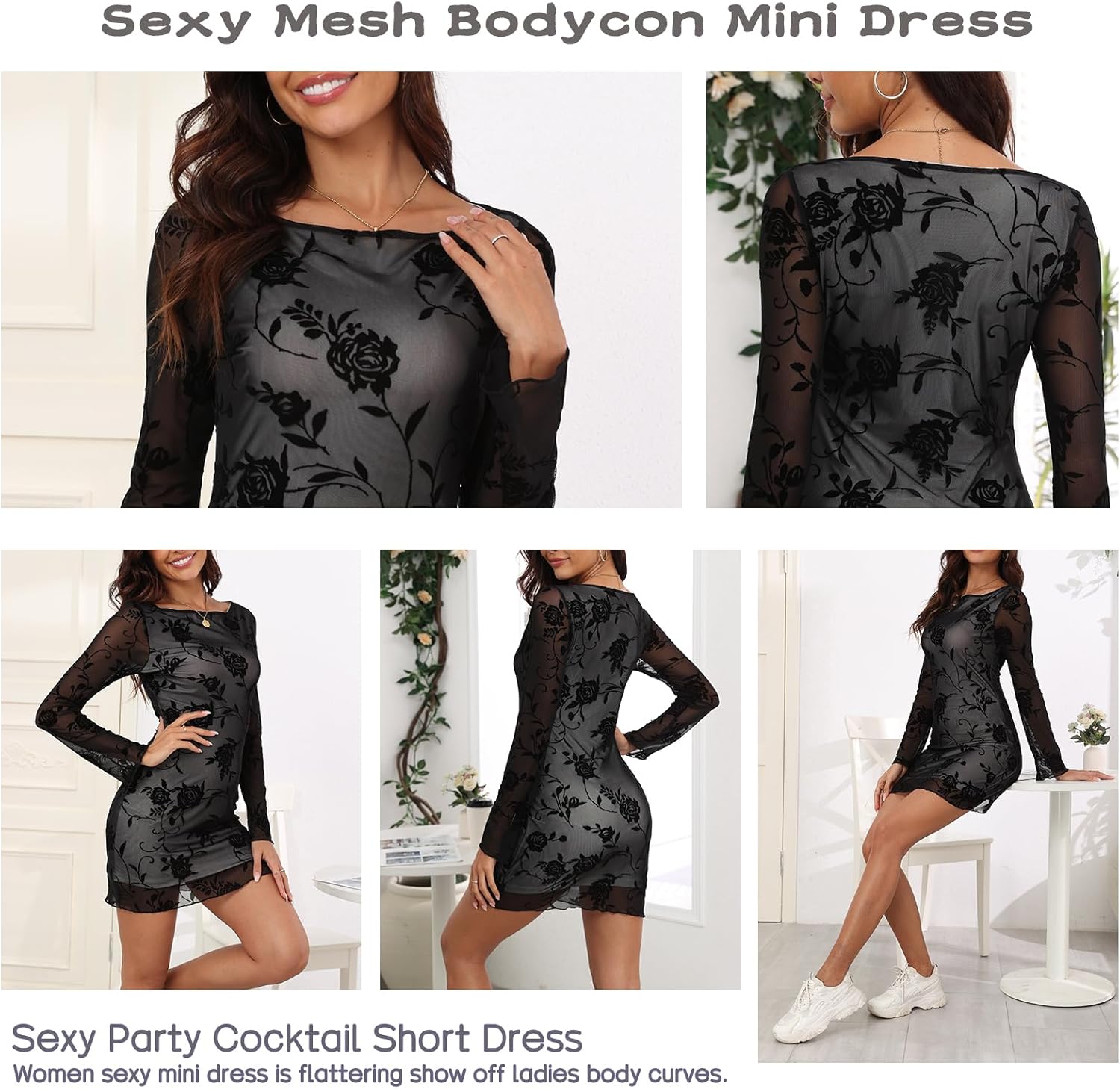 Famulily Womens Wide Neck Long Sleeves Mini Dress Sexy See Through Rose Mesh Bodycon Mini Dress with Lining - Image 6