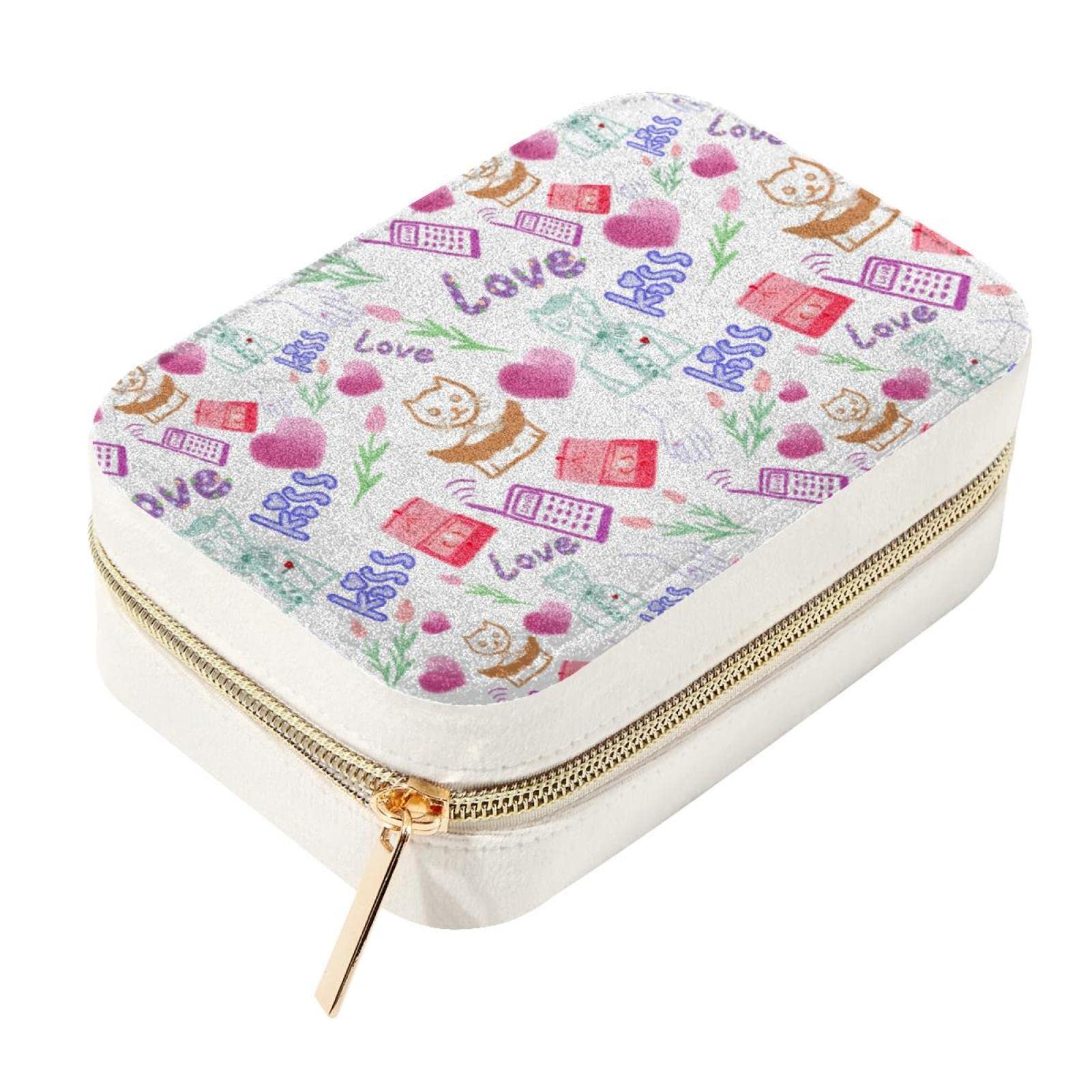 Boîte à bijoux de voyage en velours rose motif baiser - Écrin portable bagues et colliers