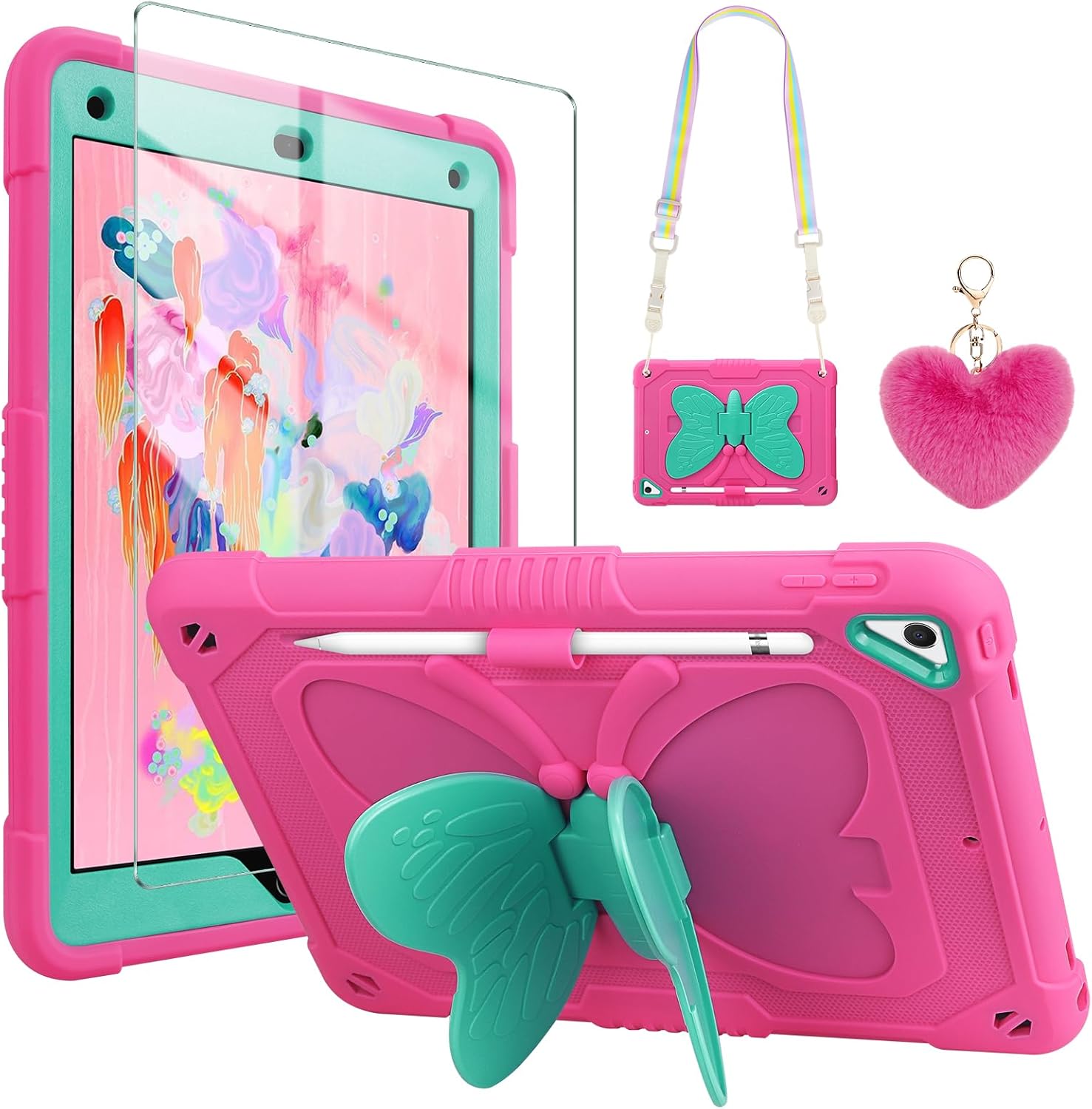 WESADN for iPad 9.7 Case iPad 6th 5th Generation Cases with Screen Protector/Butterfly Kickstand/Lanyard/Keychain Rugged Case with Pencil Holder for Girls Kids iPad Air 2 Case 9.7''Rose Red