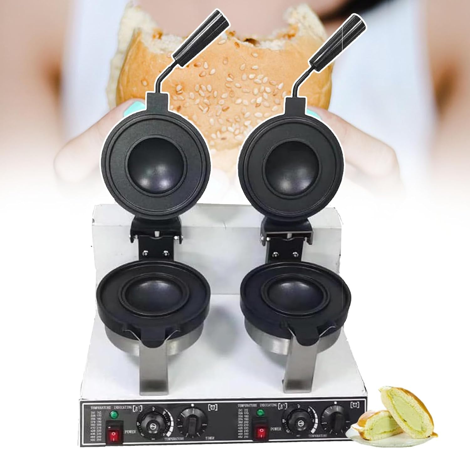 Snack Equipment For Milk Tea Shops, Commercial Burger Waffle Machine, Double Sided Heating, 1300W U-Shaped Heating Tube, Non-Stick Design, Simple Control Panel,doublehead