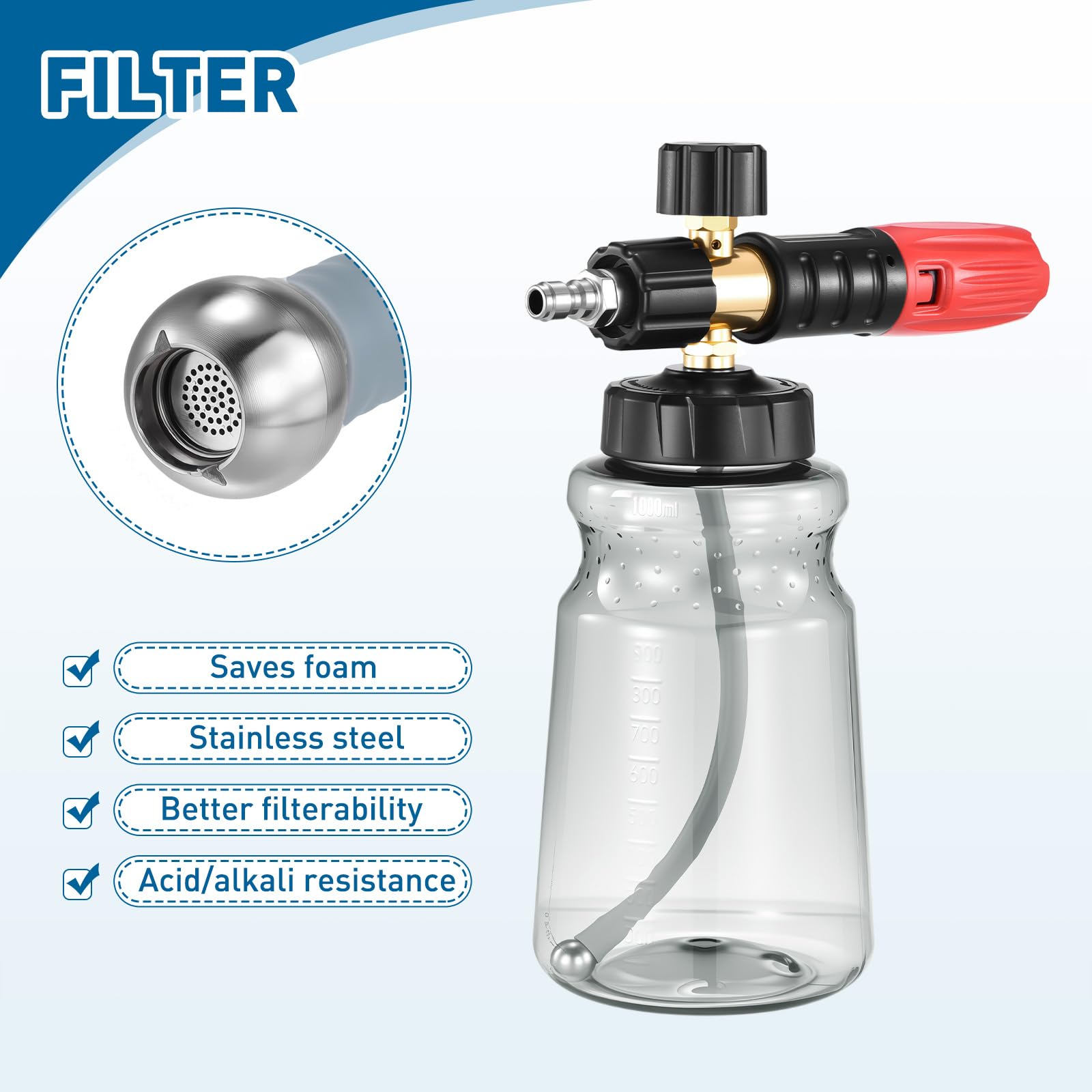 Lata de espuma para lavadora a presión, dispensador de jabón de espuma gruesa de 1 litro para lavado de automóviles con espuma gruesa ajustable con conector rápido de 1/4 pulgadas, malla
