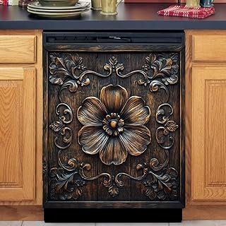 Flower Carved Wood Magnetic Dishwasher Cover Vinyl Sticker,Vintage Wooden Floral Dishwasher Magnet Cover,Rustic Wood Fridge Door Cover Magnets Art Skin Panel Decal for Home Decor, 23"X26"
