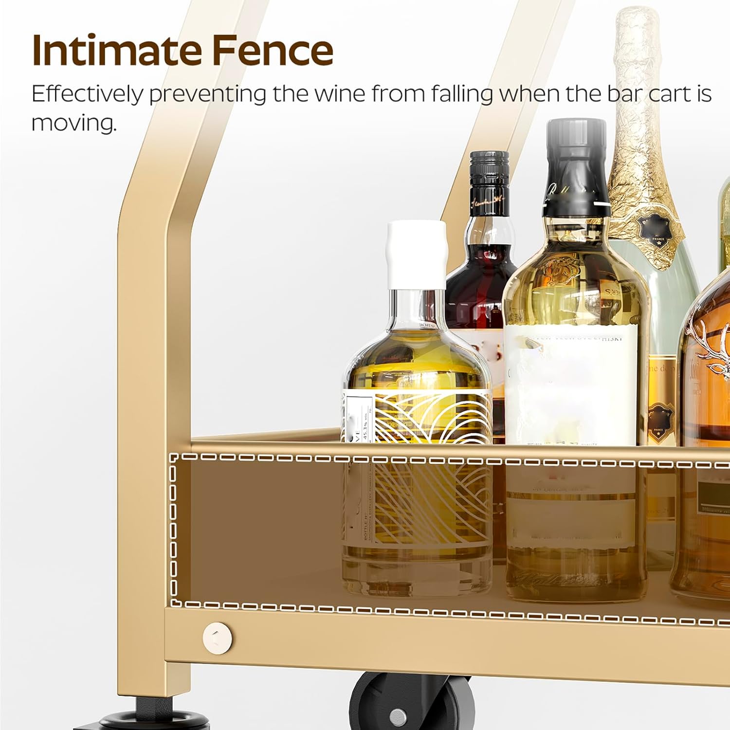Close-up image of the bar cart's fence design on a shelf, preventing items from falling.