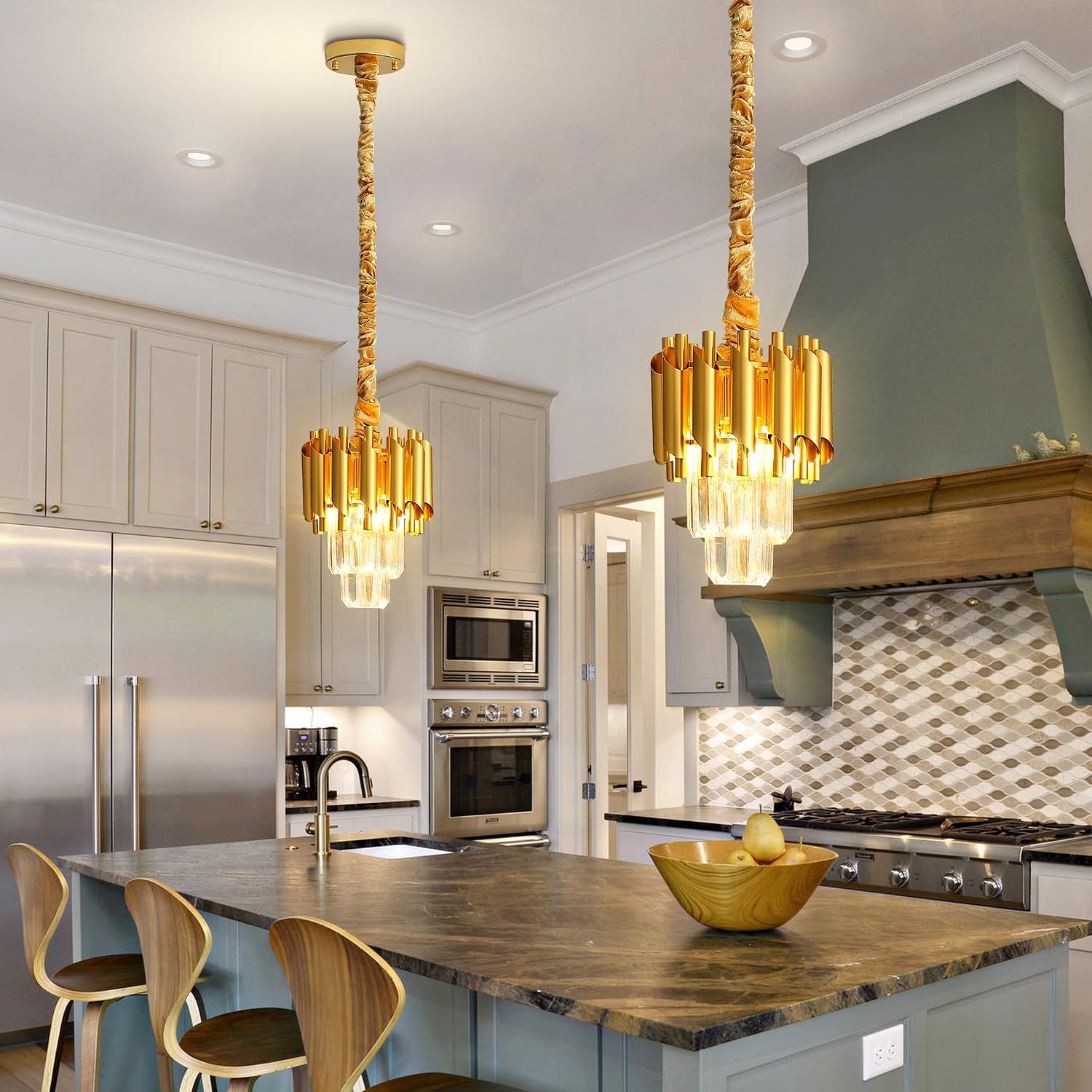 Modern Gold Crystal Chandelier 2-Tier Round Pendant Lighting Light Fixture Chandelier for Kitchen Island Entryway Bathroom BedHead Bedroom