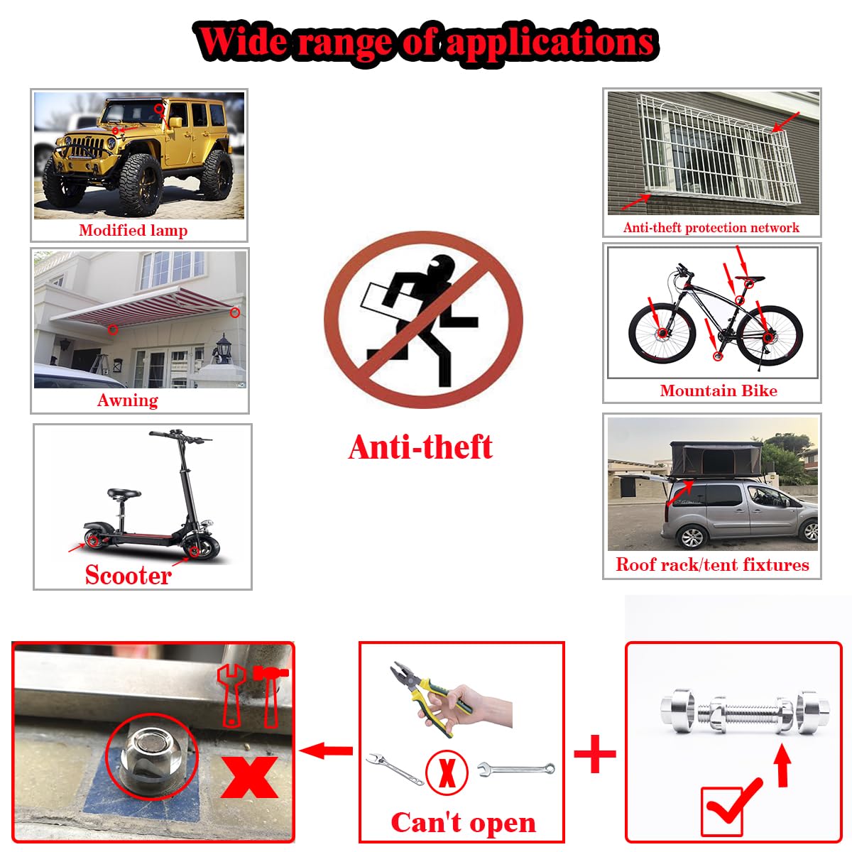 M6 304 Stainless Steel Hidden Type Anti-Theft Locking Nuts P1.0 Security Hardware Kit for Mountain Bike Awning Car Accessories for Styling Light Bar Safety,(4 Lock+ 1 Key)