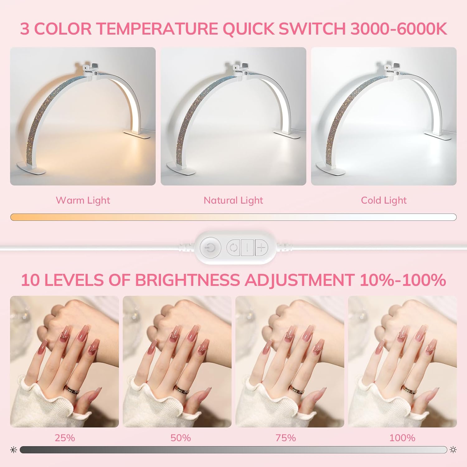 Lavinda UV LED Nail Lamp, 54W Rechargeable Cordless Nail Lamp, and 29in Foldable Nail Table Light - 3000-6000K Adjustable Half Moon Light with Phone Holder for Salon & Home (Crystal Diamond)