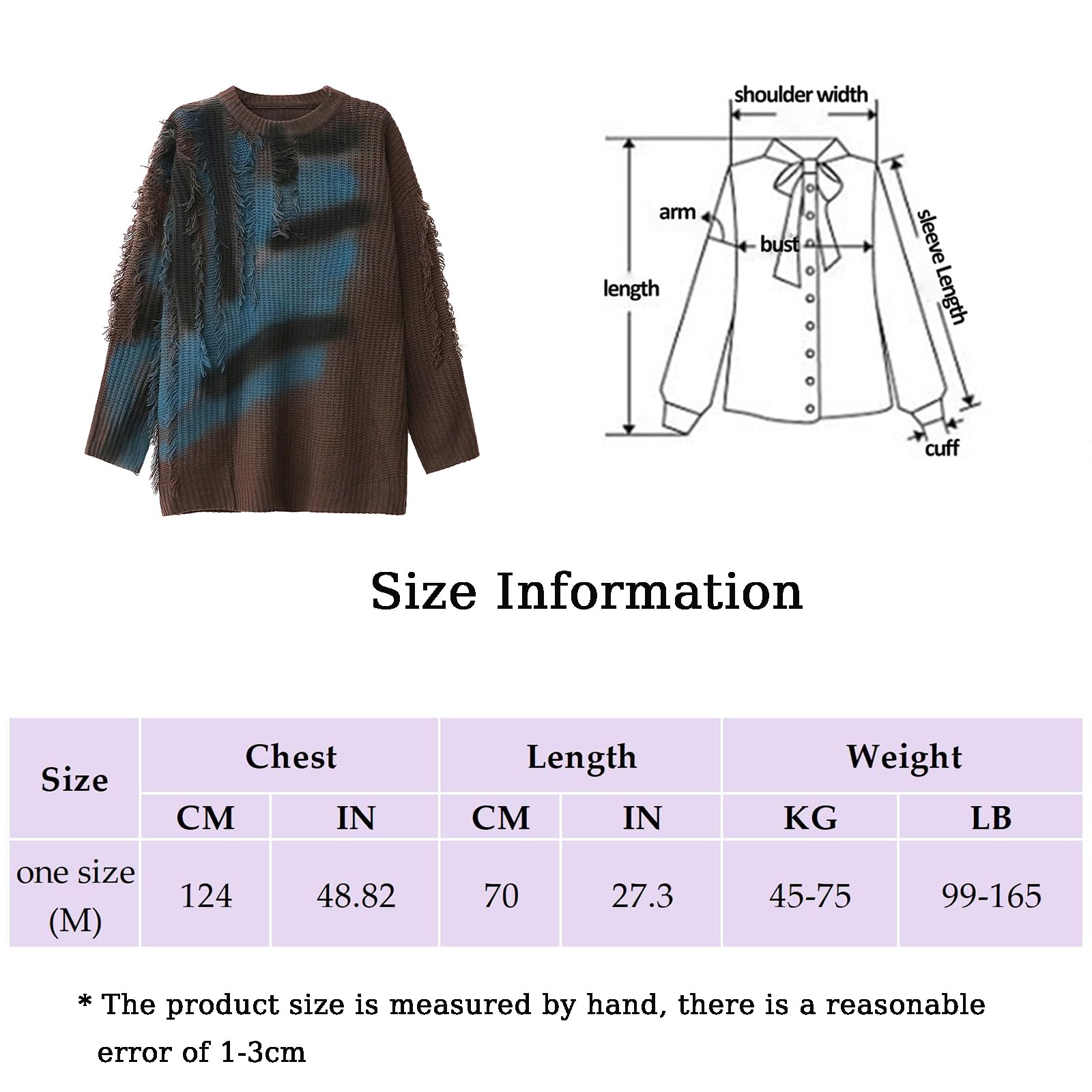 Damski Luźny Sweter Oversize z Okrągłym Kołnierzem, Nadrukiem, Postrzępionymi Krawędziami i Frędzlami, Sweter Casualowy