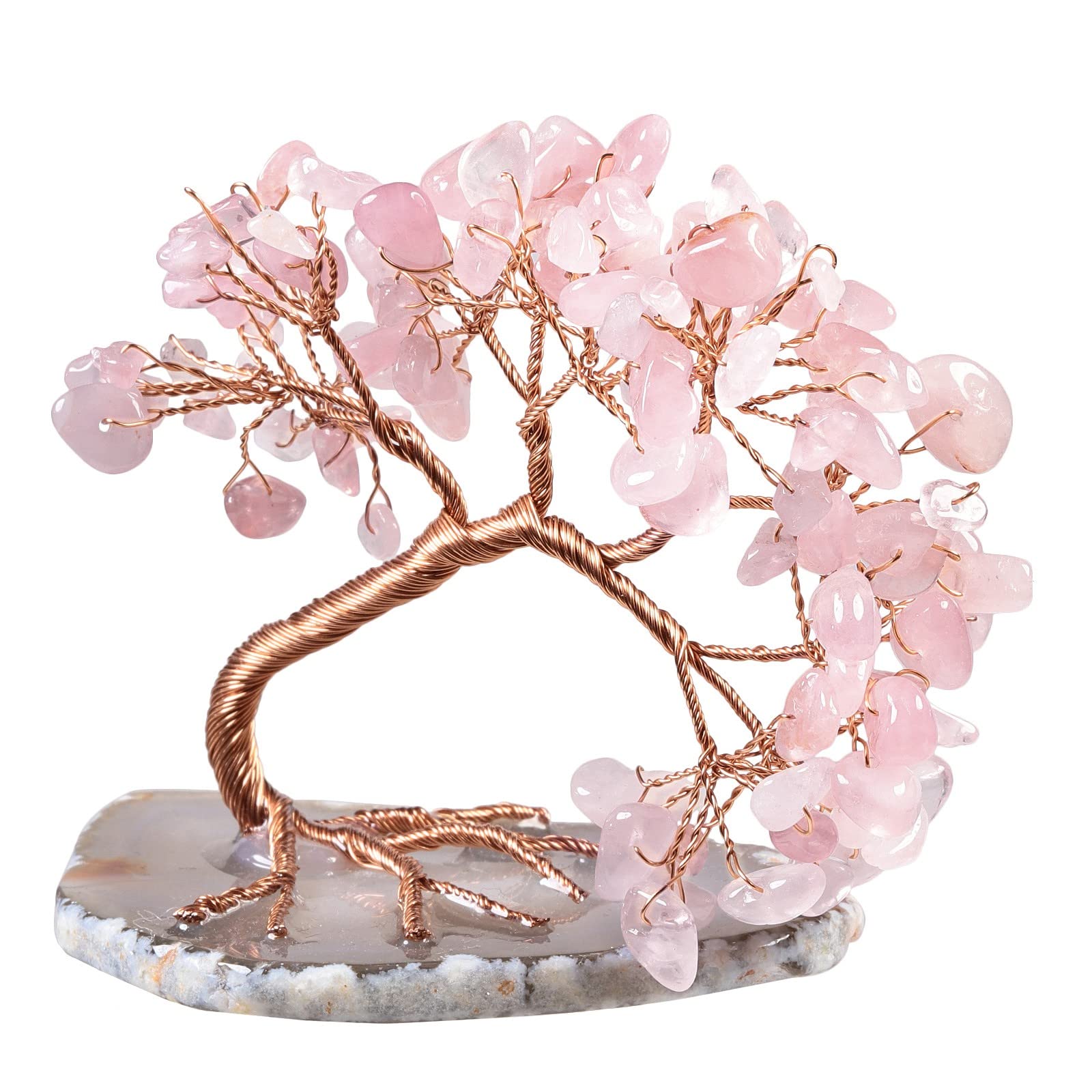 – Rose Quartz Crystal Money Tree FengShui Bonsai Figurines with Agate Slices Base, Crystal Tree Home Office Ornament for Good Luck and Wealth, 3-4 inches Tall