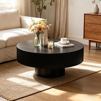 30.9" Round Fluted Coffee Table Wood Drum Coffee Table
