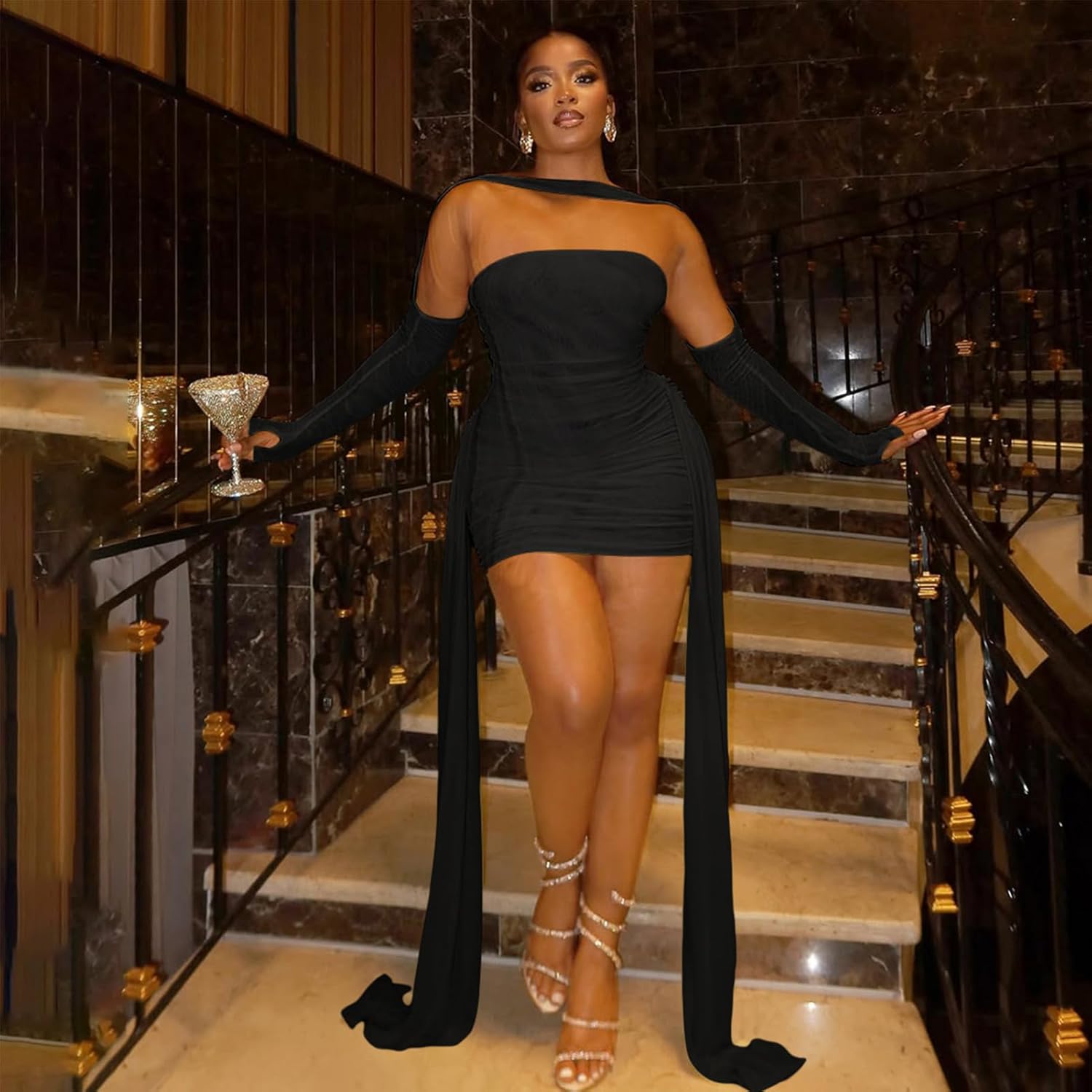 Women Sexy Strapless Tube Top Mesh Layered Mini Dress Bodycon Ruched Side Ribbons Bandage Dress Birthday Dresses - Image 2