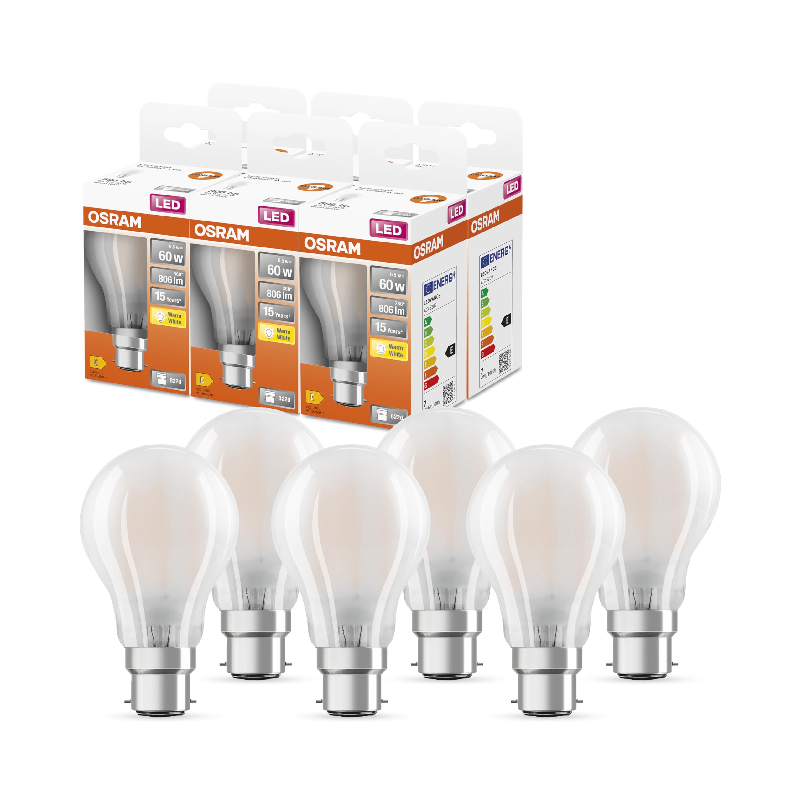 Osram LED Star Classic A60 LED Lampe für B22d Sockel, Birnenform, GL FR, 806 Lumen, warmweiß (2700K), Ersatz für herkömmliche 60W Glühbirnen, nicht dimmbar, 6er-Pack