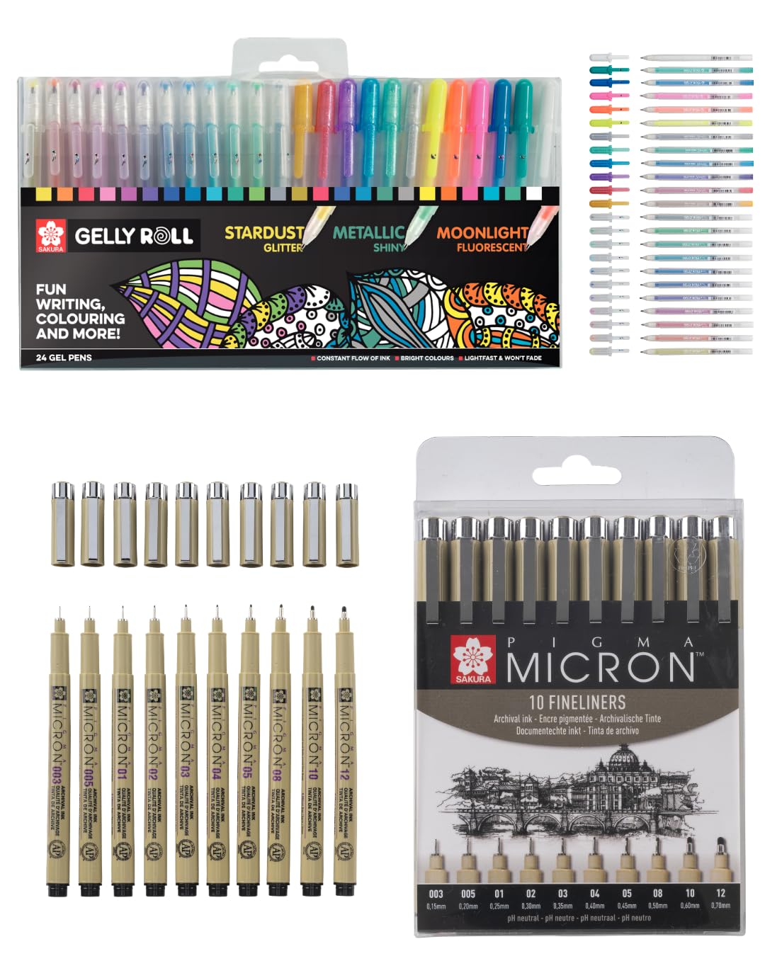 SAKURA Set Gel & Fineliners – 24 Gelly Roll Métalliques, Pailletés et Néon + 10 Fineliners Pigma Micron pour Bullet Journal, Dessin et Hand Lettering