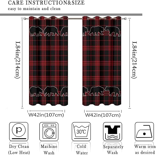 Miniatura 2 de Cortinas rústicas de oso a cuadros rojos – Cortinas opacas con aislamiento térmico de oso negro, cortinas opacas con ojales en la parte superior