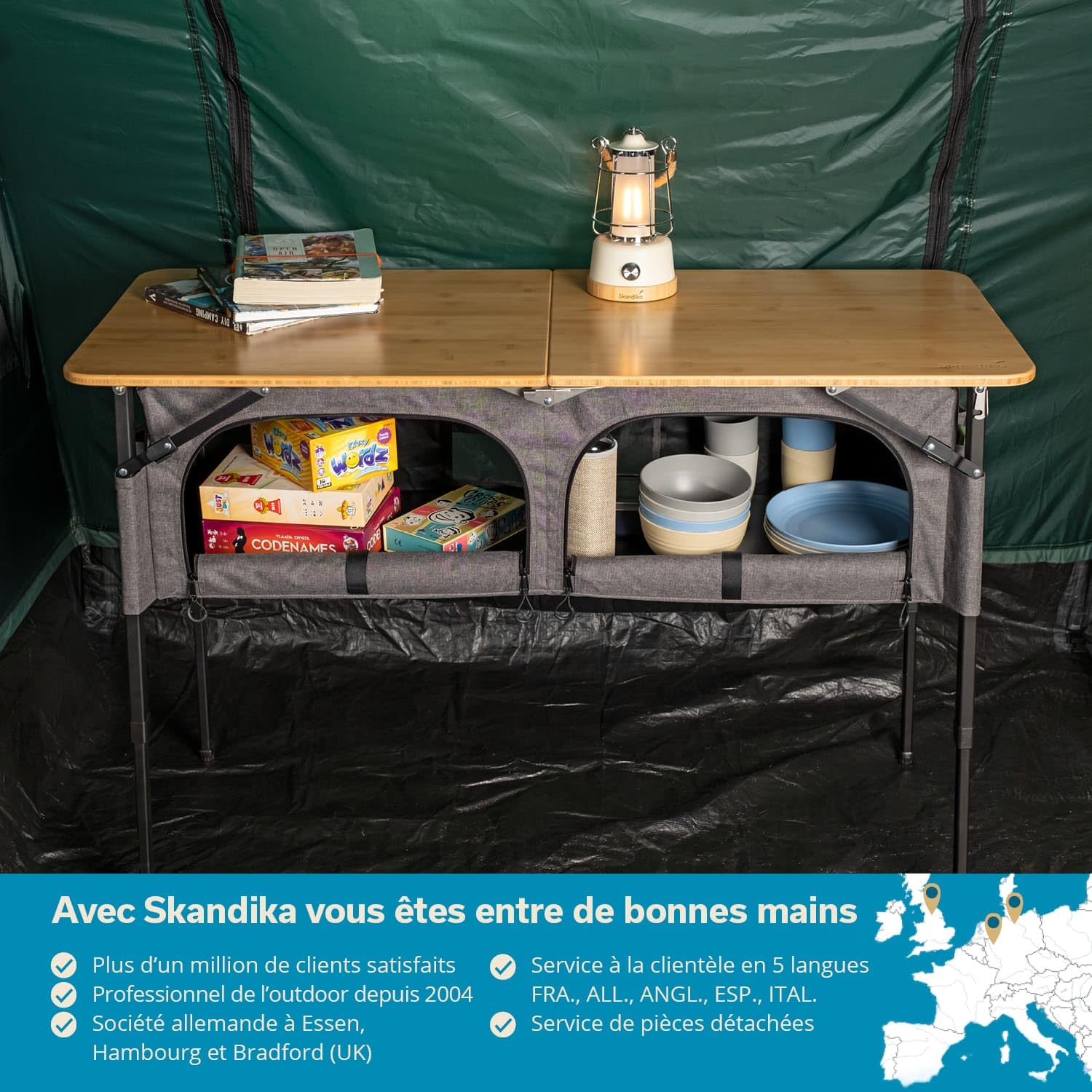 Skandika Table de Camping avec Armoire Tolja | Table Pliante Bambou avec Placard, réglable en Hauteur, Pliable, Armoire de Camping avec étagères, Sac de Transport | Meubles de Camping, Jardin, Balcon