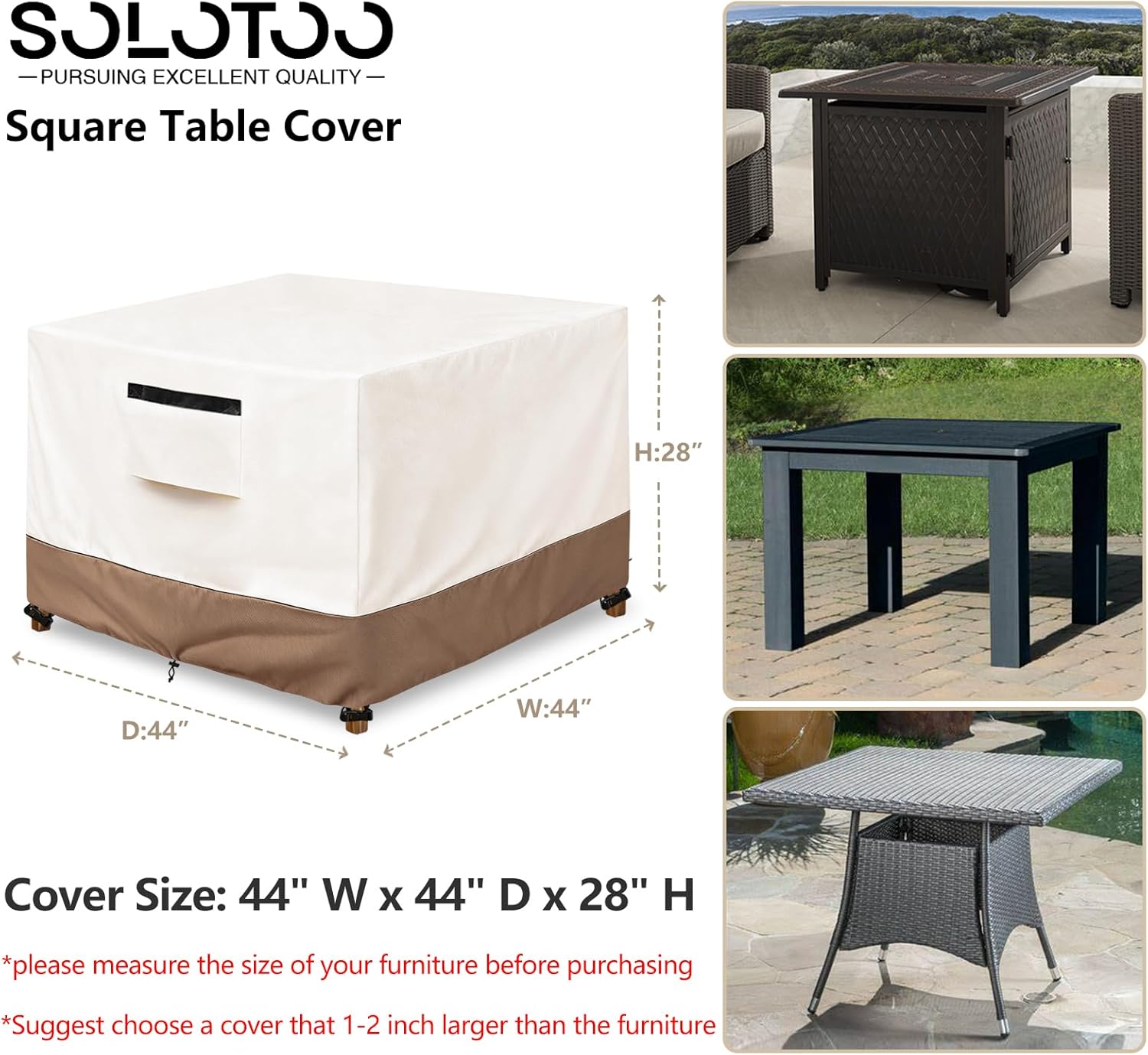 Square Outdoor Table Cover Waterproof Heavy Duty Patio Furniture Covers, Square Outdoor Dining Table Cover - 44" W x 44" D x 28" H (Beige & Brown)