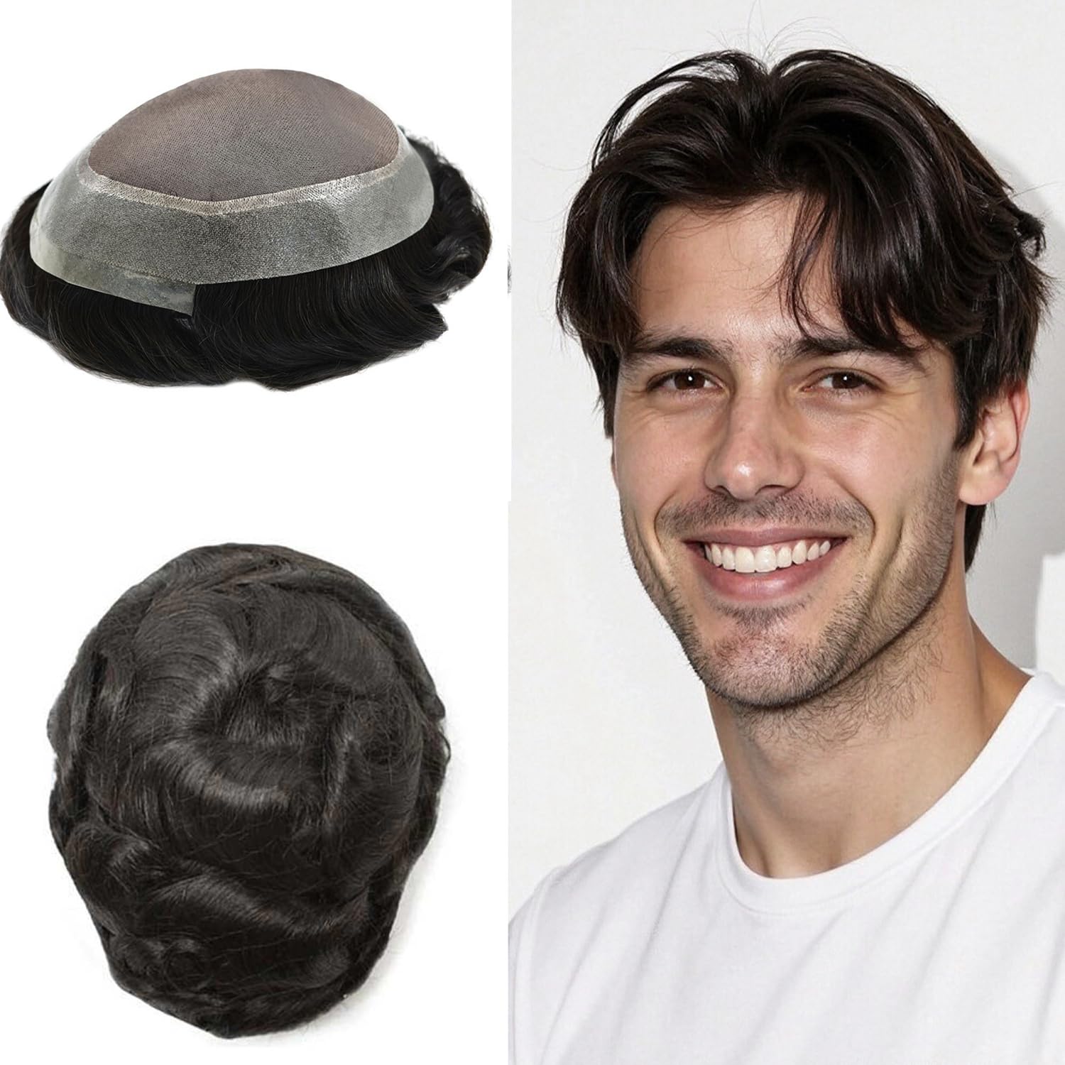 Mens Toupee Fine Mono Toupee For Men Hair Pieces Real Human Hair System Monofilament Mens Hair System Poly Hair Pieces For Men Natural Hairline 7x9Medium light density1B# OFF BLACK