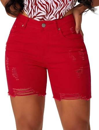 roswear Womens Casual Summer Ripped High Waisted Shorts Stretch Distressed Frayed Raw Hem Jean Shorts