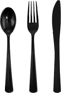 WDF 180 Pieces Black Silverware Cutlery Disposable Plastic - Plastic Flatware Set 60 Forks, 60 Knives and 60 Spoons - Heavy Duty Black Plastic Cutlery - Black Utensils for Party, Wedding,Birthday