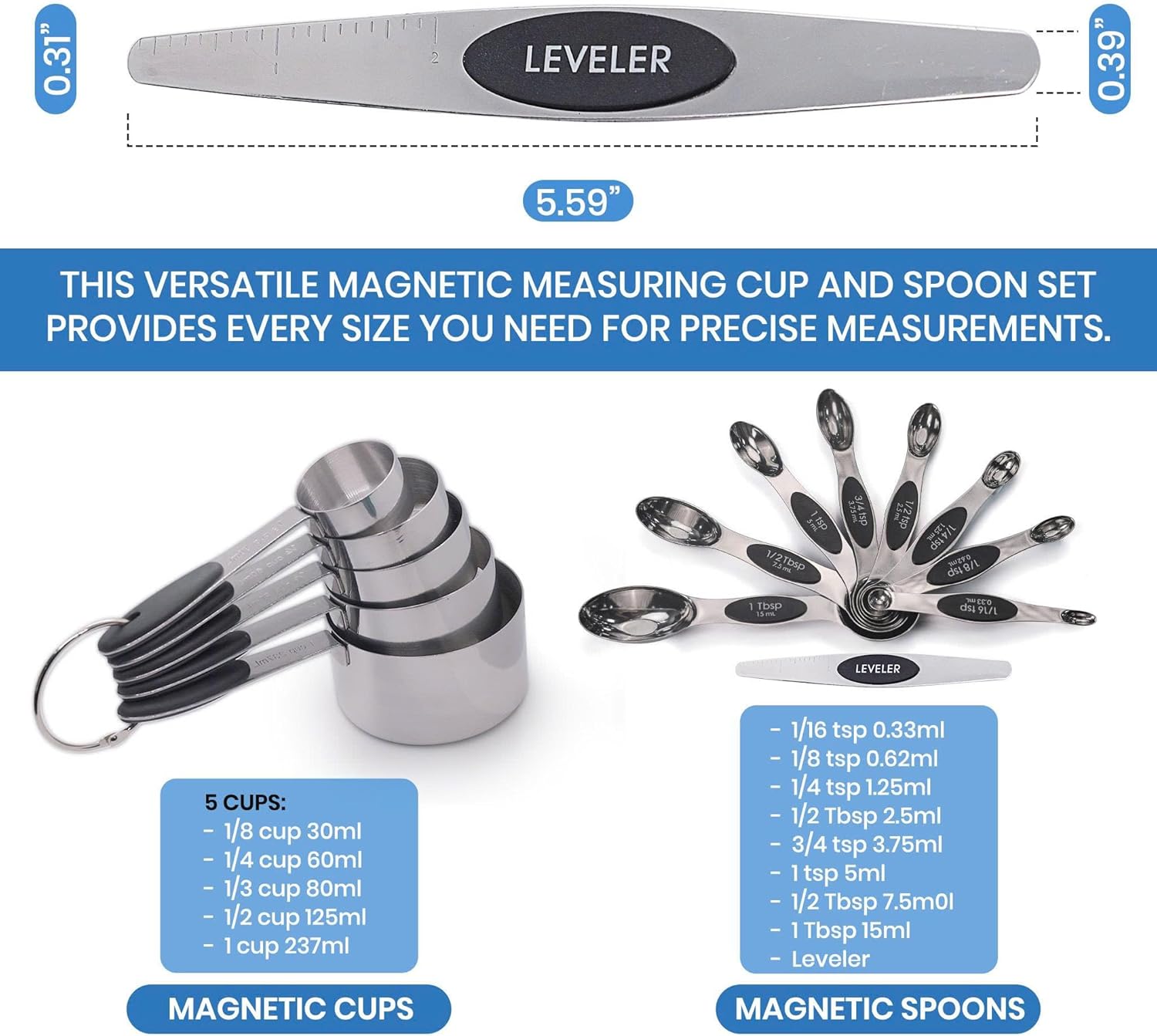 Magnetic Measuring Cups and Spoons Set,5 Stainless Steel Measuring Cups,8 Double-Sided Magnetic Measuring Spoons Set Stainless Steel and 1 Leveler,Essential Kitchen Gadgets for Cooking,Baking