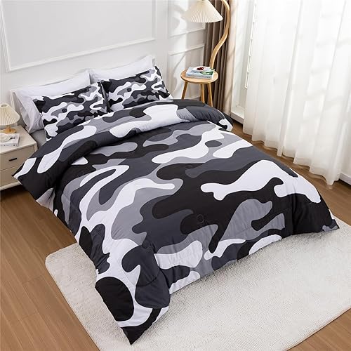 Vista 148 de Meeting Story Juego de ropa de cama de camuflaje, juego de edredón estilo patrón colorido, 5 piezas, un edredón, dos fundas de almohada, dos sábanas