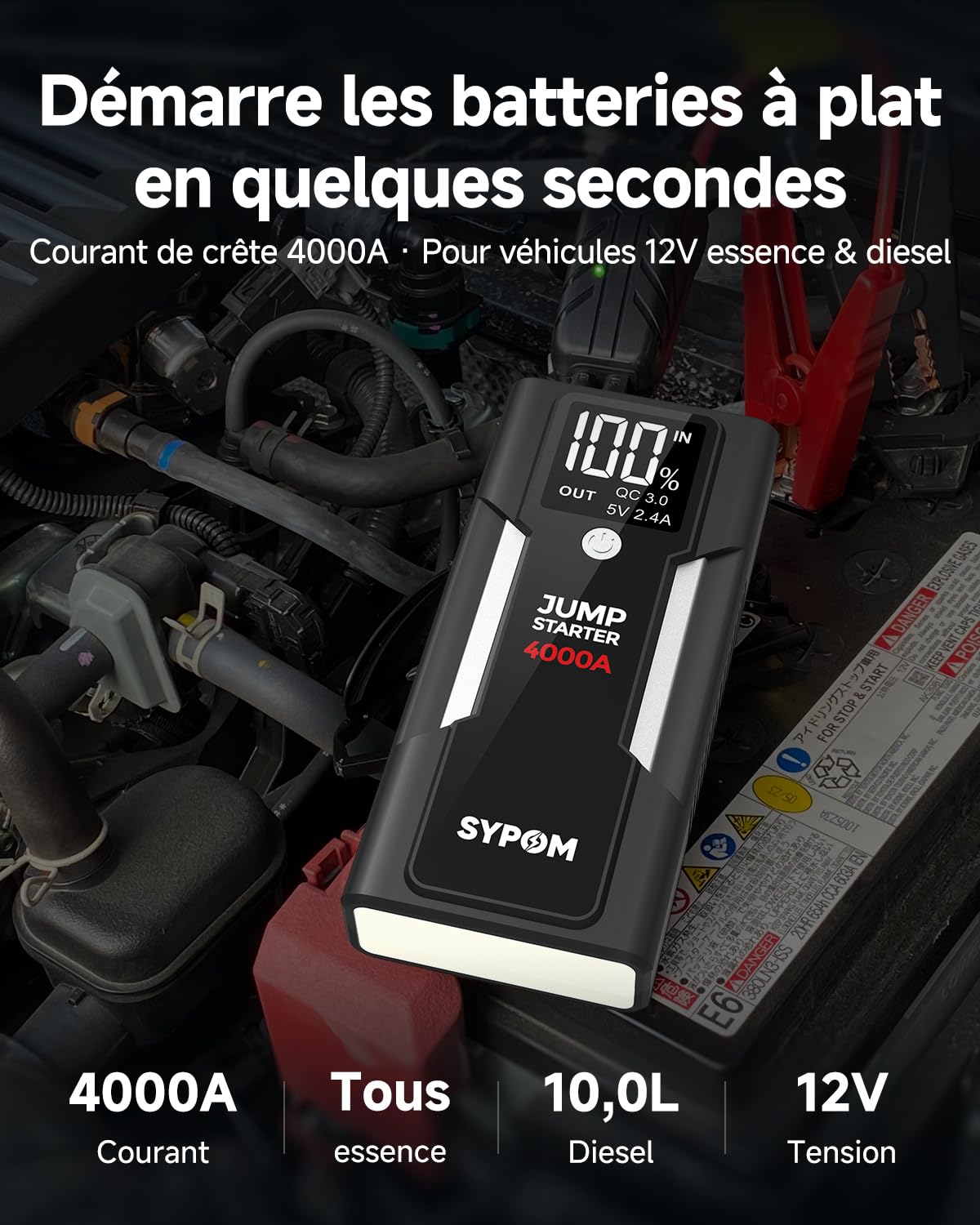 Démarreur de Secours, Batterie de Secours de Pointe 4 000 A (pour Tous Les véhicules à Essence ou Diesel jusqu'à 10 L), Batterie de démarrage Portable avec démarrage Intelligent étendu