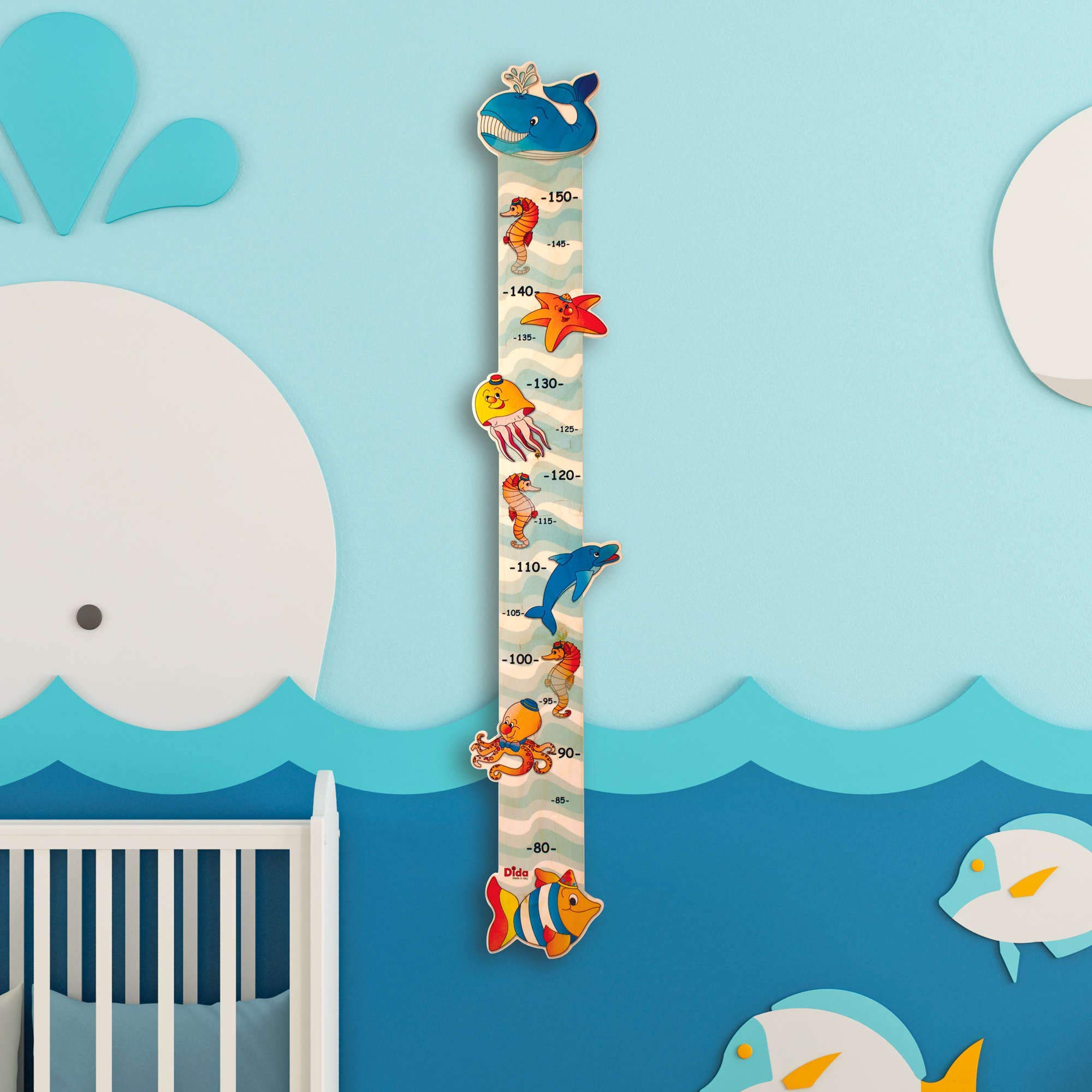 Dida - Animaux Marins Toise Murale en Bois pour Enfants, Mesure Jusqu'à 150 cm, Accessoires de Croissance pour la Chambre d'Enfant, Mesurer et Grandir avec les Animaux Marins