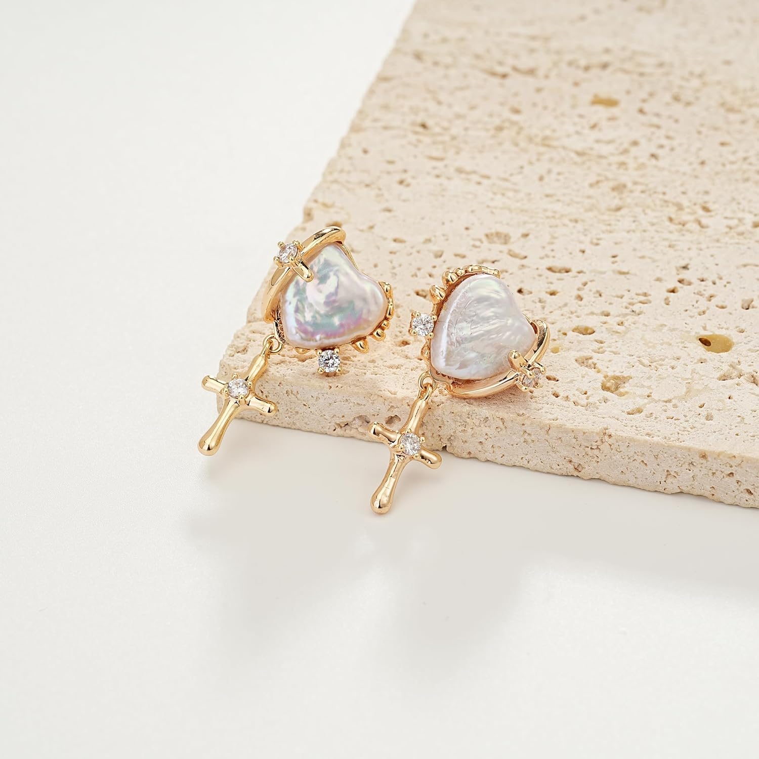 SIXFOX Pearl Dangle Earrings For Women 14K Gold Plated Dainty Cross Drop Earrings Hypoallergenic Lightweight Trendy Jewelry Gifts For Her