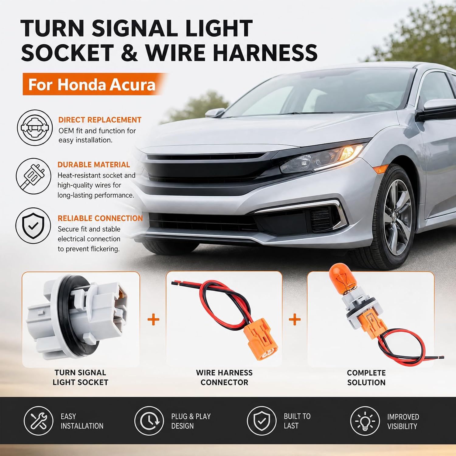 Turn Signal Light Socket, Blinker Adapter Base with Wire Harness Connector Compatible with Honda Civic Fit Insight Odyssey Pilot for Acura ILX MDX RSX Replace OE 33302-S7A-003 with 2 Bulb