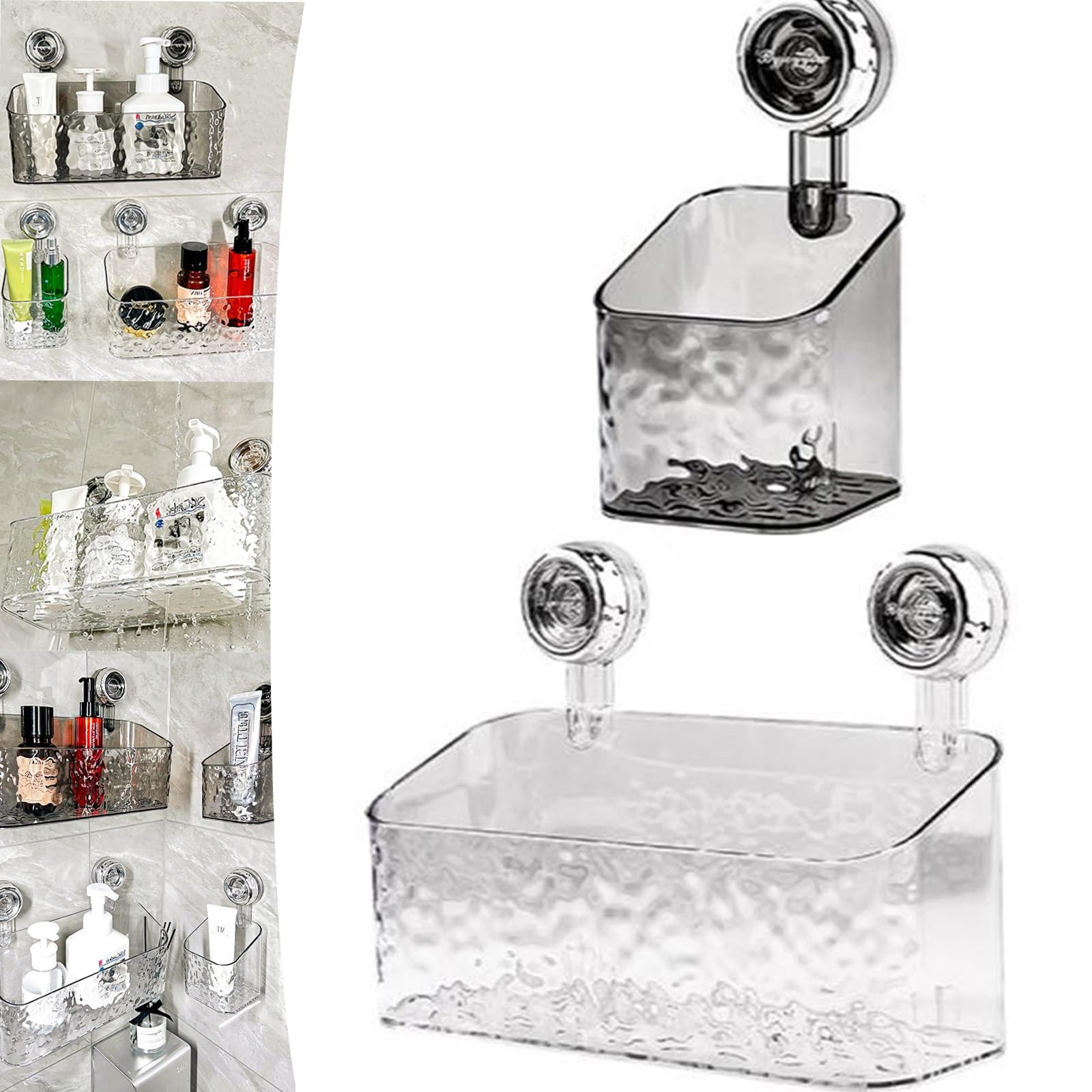 Organizador de ducha con ventosa, estante transparente montado en la pared para baño, cocina, instalación sin taladro, solución de almacenamiento extraíble, diseño de patrón glaciar de lujo ligero