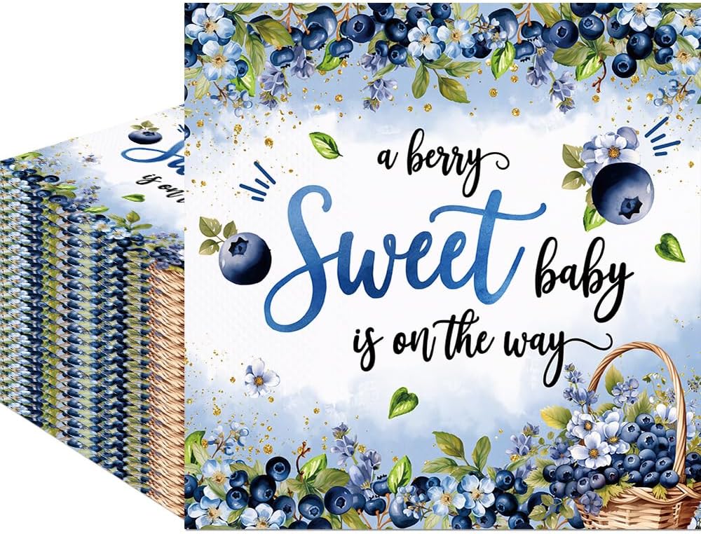 80Pcs Blueberry Baby Shower Paper Napkins A Berry Sweet Baby is On The Way Disposable Napkin Blueberry Printed Decorative Napkins Party Supplies Table Decor