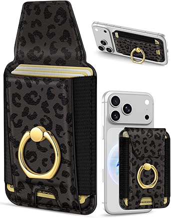 Shorogyt Compatible with Magsafe Wallet with Ring Grip Magnetic Card Holder - Cute Phone Wallets with Stand for iPhone 17/16/15/14/13/12 Series for Women Girls Black Leopard Design, Fit 7 Cards
