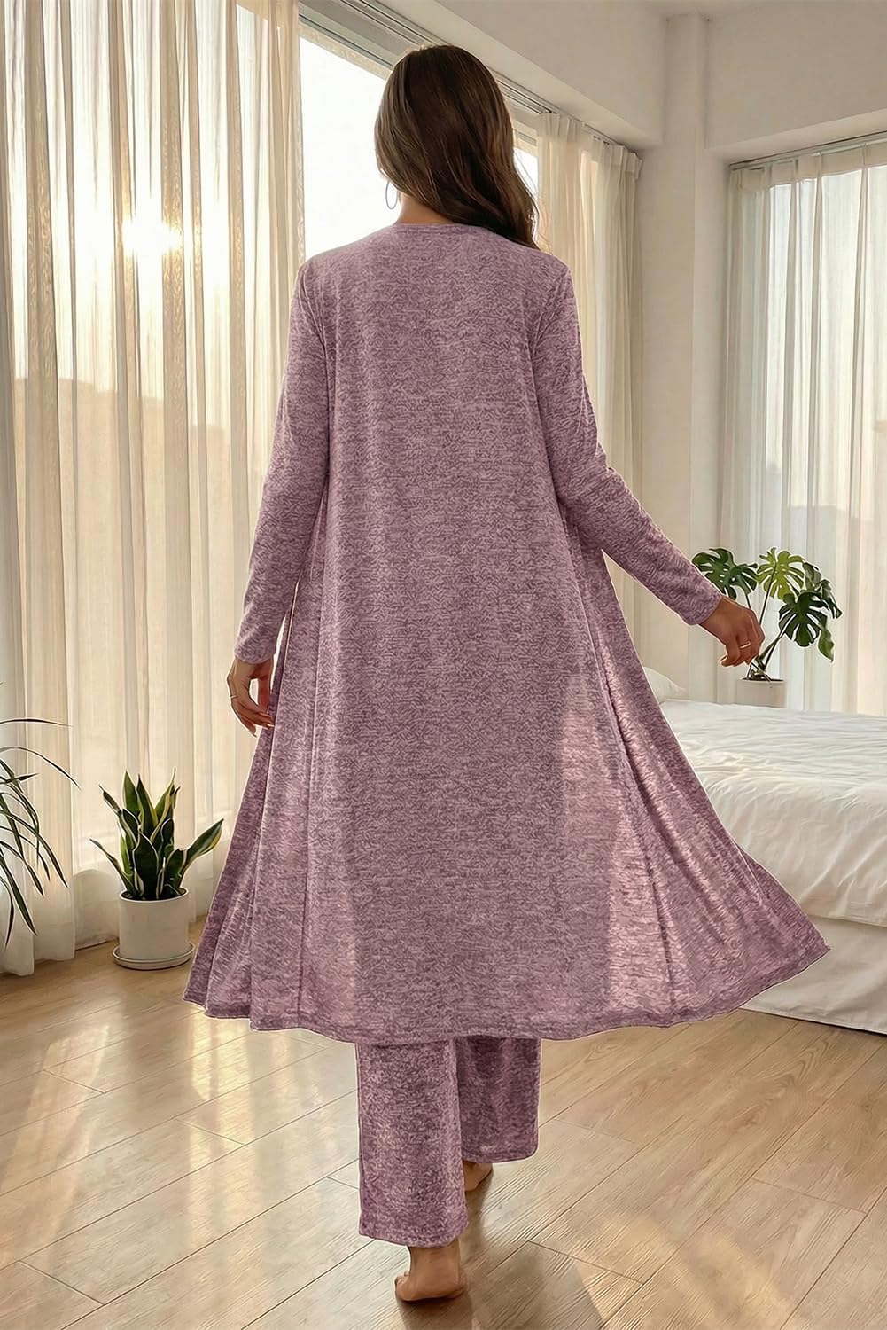 Opemiby Womens Pajamas Set Knitted T Shirt and Pants Lounge Set with Cardigan 3 Pieces Sleepwear Pjs Sets Loungewear