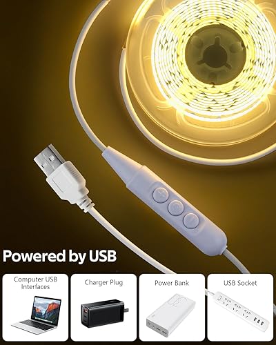 Miniatura 2 de Aclorol Tira de luces LED COB USB, luz de fondo LED blanca cálida para TV, 5 V, 3000 K, regulable, tira de luz flexible LED de 9.84 pies, 960 LEDS