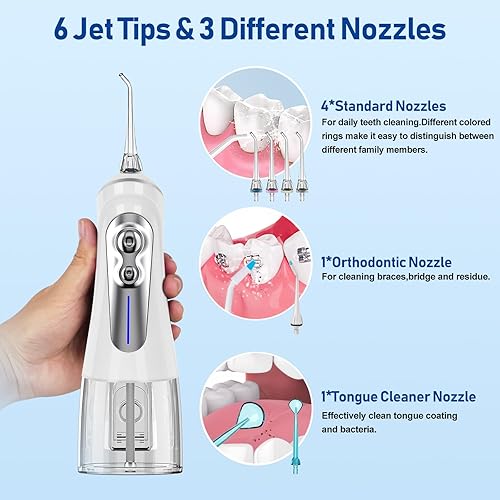 Miniatura 4 de NBGRLVS Irrigador dental de agua inalámbrico para limpieza de púas de dientes, potente irrigador oral con 6 modos ajustables, 10.2 onzas líquidas,