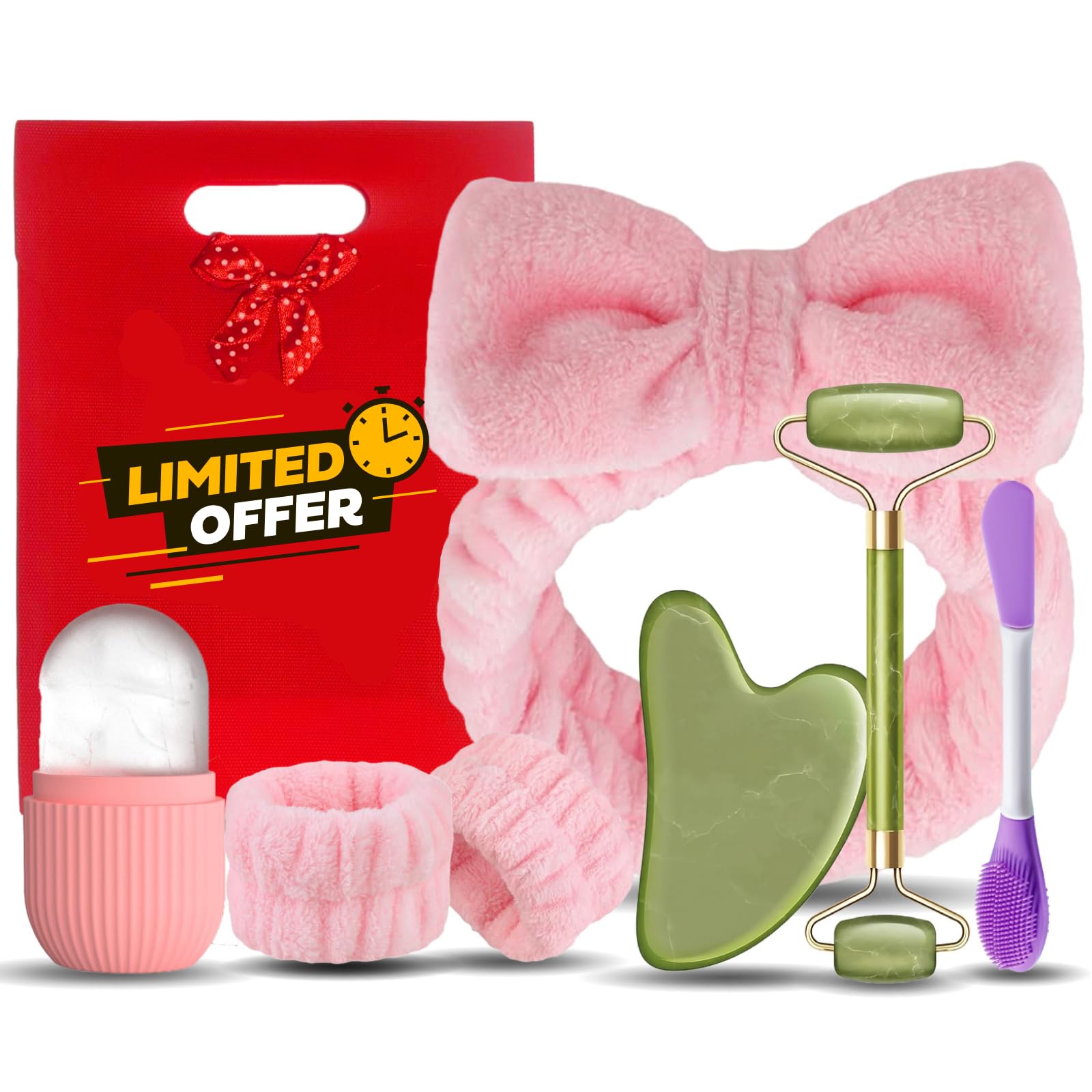 Kit Skincare Gua Sha Facial Rodillo Masajeador De Cara Ice Roller Cepillo Limpiador Rostro Diadema Maquillaje Mujer Y Muñequeras Pack Reafirmante Hielo Para La Cara Regalo San Valentin