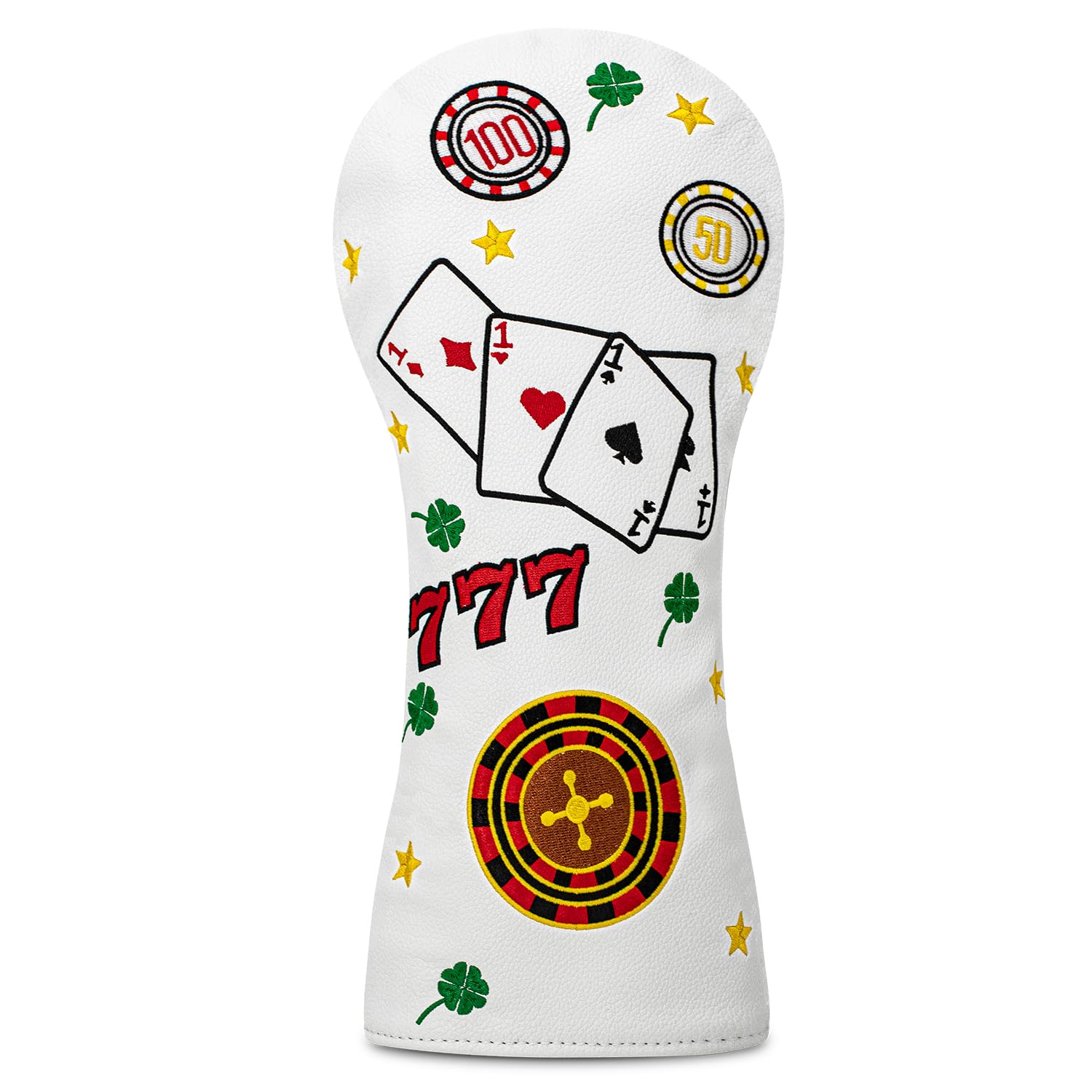 White 777 Playing Cards Funny Headcover - PU Leather Golf Club Cover with Embroidered Finish, Set Fits Driver Fairway Hybrid Woods
