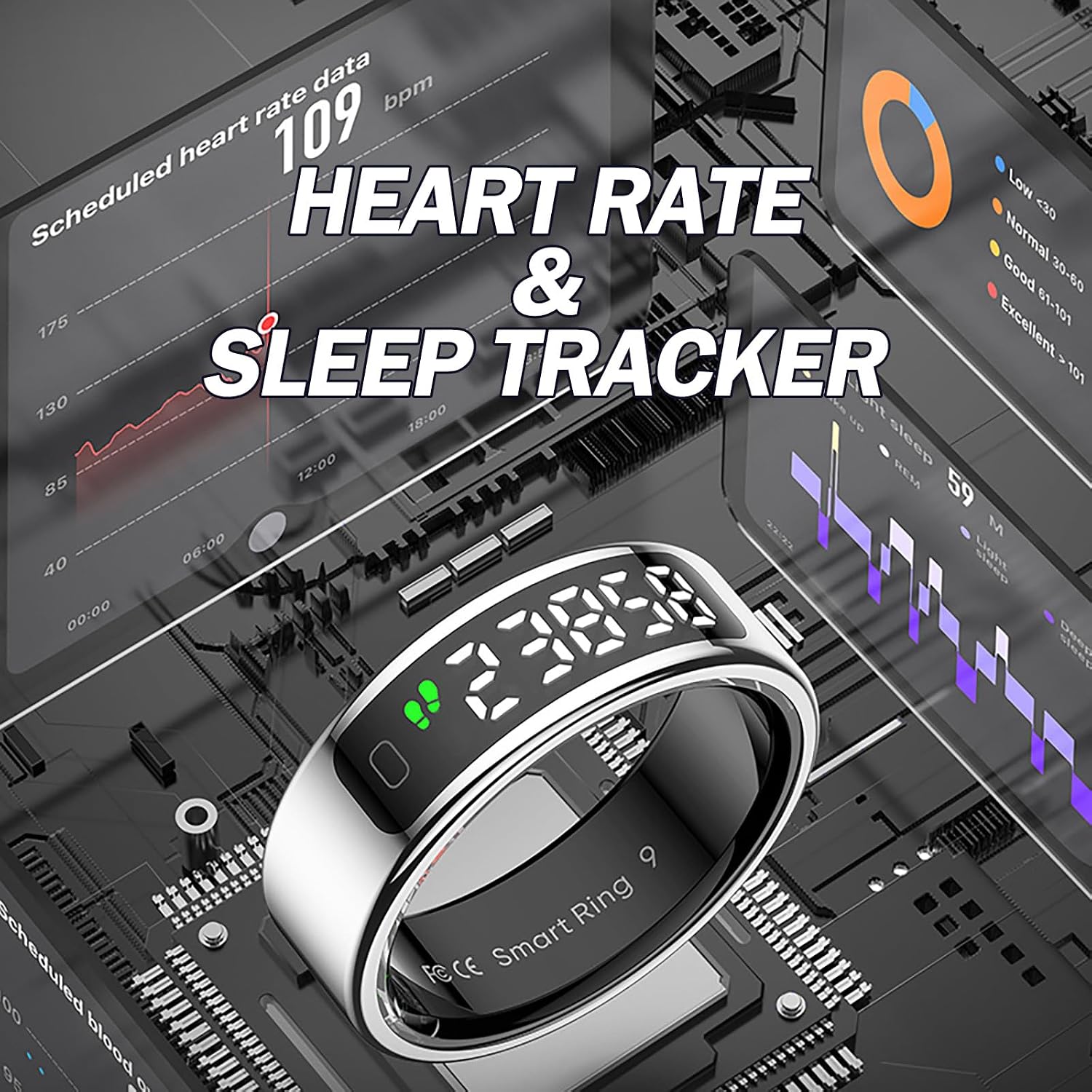 The Smart Health Ring with a background showing heart rate and sleep tracking data interfaces on a smartphone.