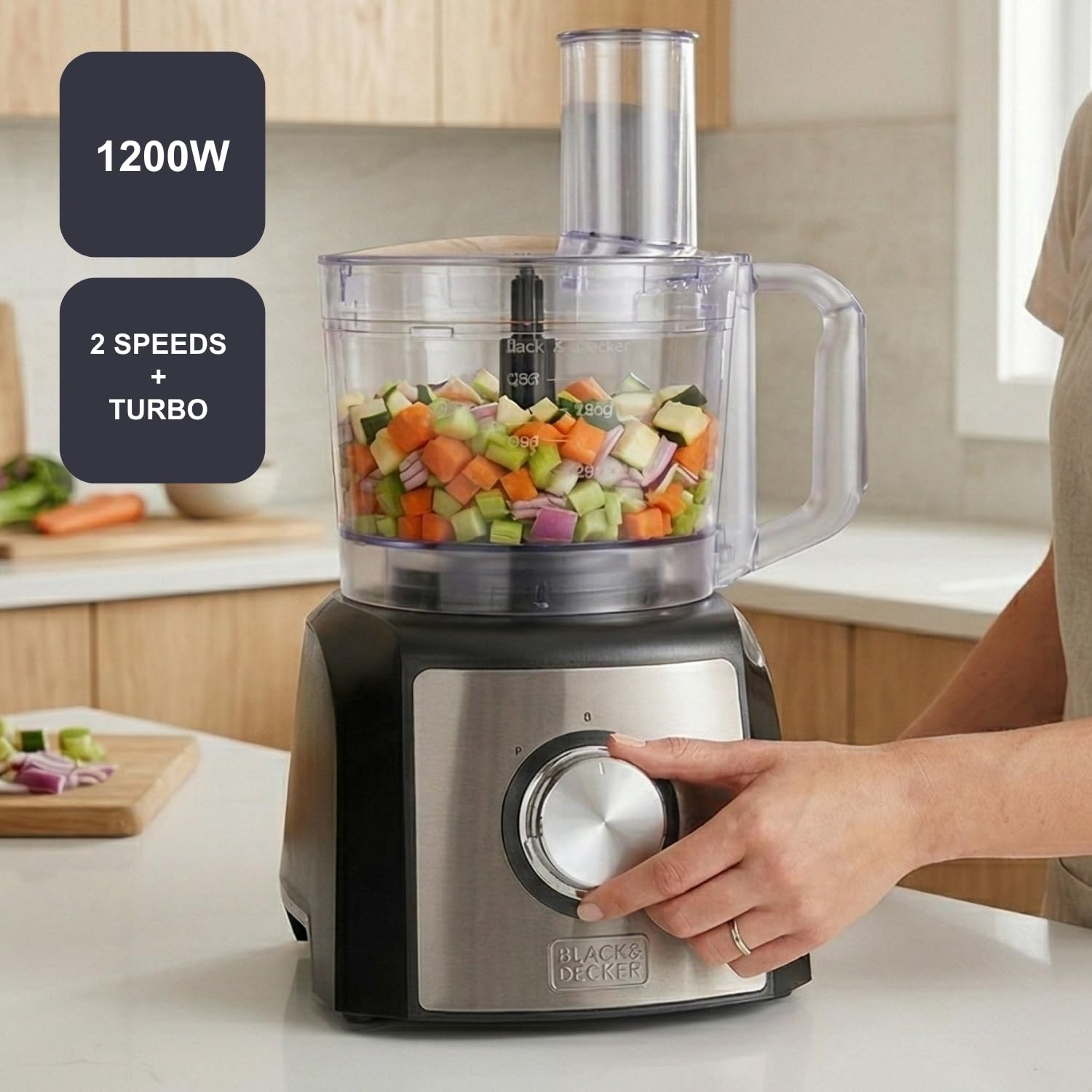 BLACK+DECKER – Procesador De Alimentos BXFPA1200E | 1200W | Jarra 1.5L | 2 Velocidades + Turbo | +8 Accesorios | Inox Antihuellas | Cuchillas Y Discos INOX | BPA Free | Antideslizante