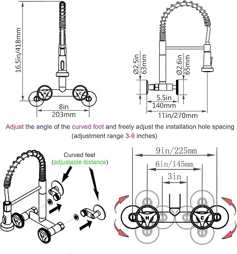 Miniatura 5 de Grifo de cocina de montaje en pared con rociador abatible, grifo de fregadero de cocina comercial, 2 manijas, giratorio de 360, grifo montado en la