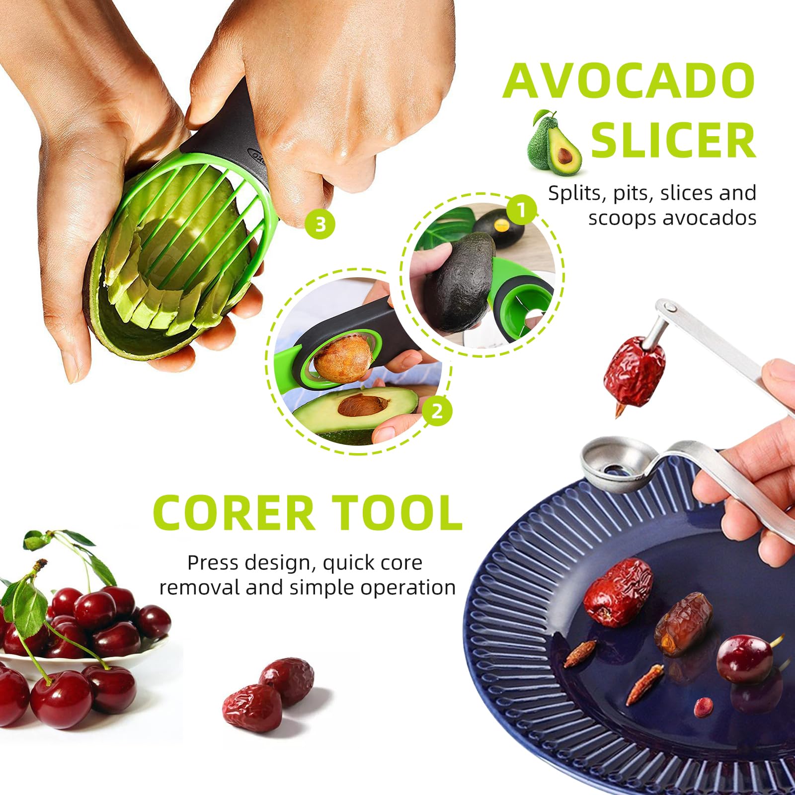 9Pcs Melon Baller Scoop Set,Fruit Shape Cutters,Avocado Slicer tool 3 in 1,Apple Slicer,Fruit Scooper and Baller, Vegetable Peelers, Apple Cutter and Corer,Green - Image 5