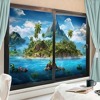 Fairyland Island Window Film Privacy Nature Tropical Tree Mountain Ocean Scenery Stained Glass Window Film Sun Blocking Decorative Window Covering Film for Home Office 17.7Wx23.6L-inch x2 Pcs