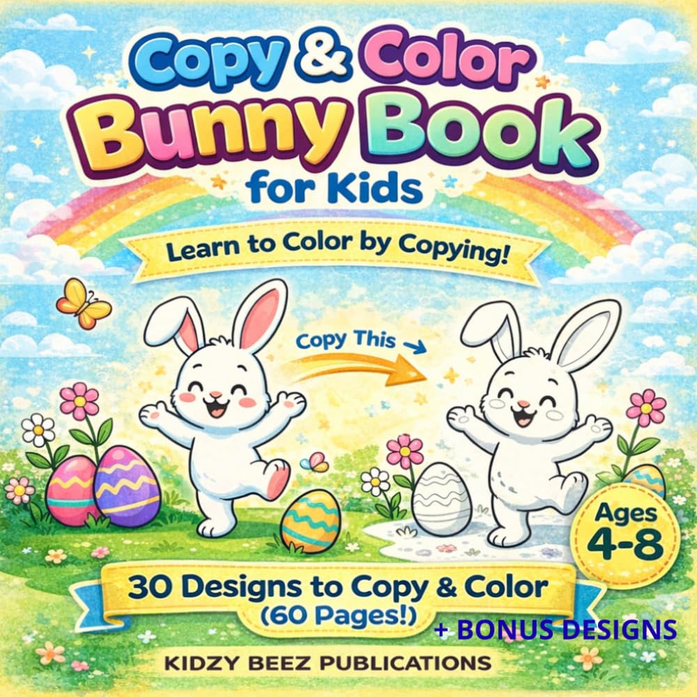 COPY AND COLOR BUNNY BOOK FOR KIDS: Fun copy-the-color activity pages of bunnies with easter eggs for children ages 4-8