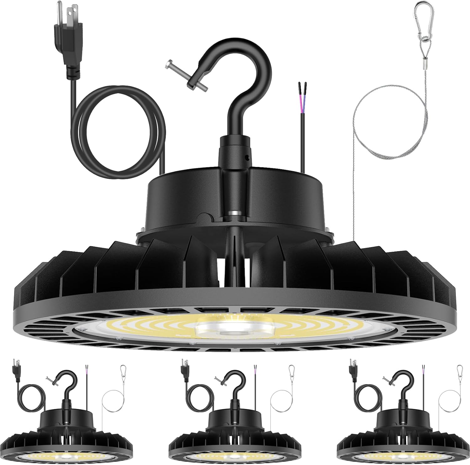 4-Pack UFO LED High Bay Light - 200W LED Warehouse Light, 30,000 Lumens Super Bright, 5000K, 0-10V Dimmable, 5' Cable Plug, Industrial Grade, ETL Listed