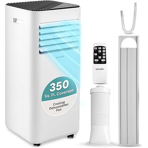 SereneLife Portable Conditioner, 8000 BTU 3-in-1 Compact Standing Air Conditioner for Rooms Up to 300 Sq. Ft., Energy Efficient Floor AC Unit with Remote Control, Universal Casters, Window Mount Kit