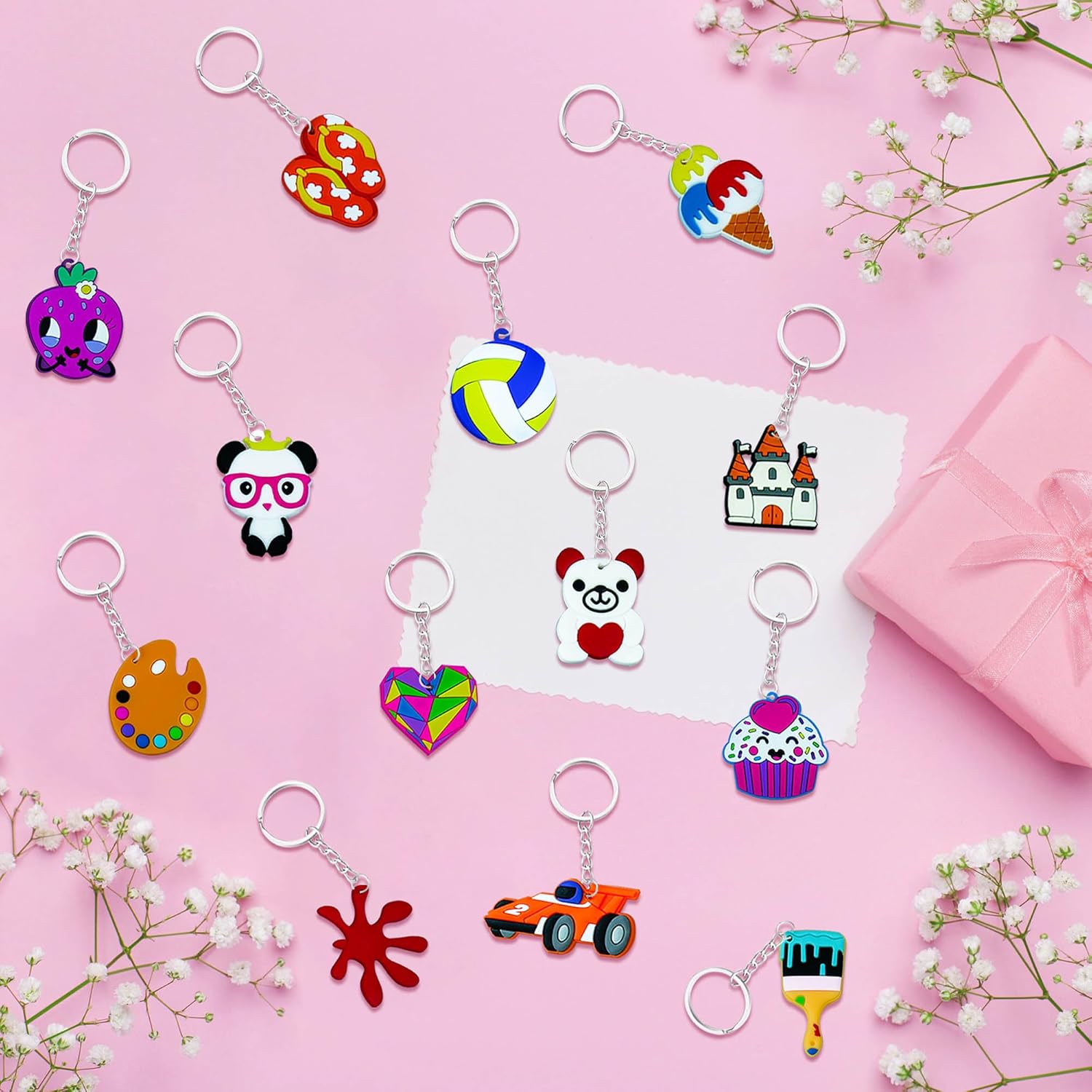 60PCS Cartoon Kids Keychains Bulk Party Favors for Kids Collectible Key Chains Ball,Donut, Sports,Truck,Fruits,Dessert,Glow-in-the-Dark Paintbrush Keychains School Day Birthday Christmas Supplies - Image 7